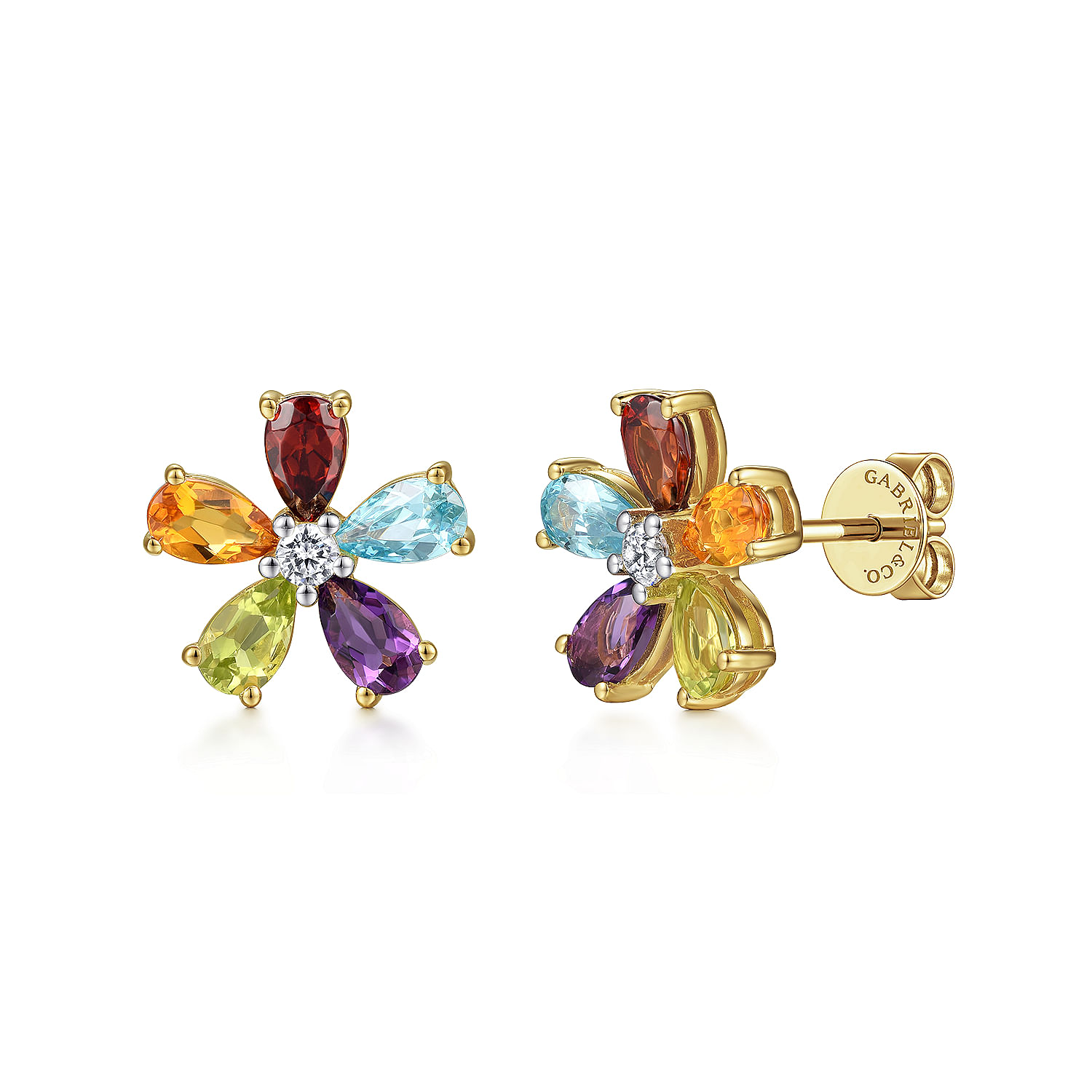 14K Yellow Gold Diamond and Multi Color  Amethyst  Peridot  Swiss Blue Topaz  Garnet  Citrine  Floral Stud Earrings