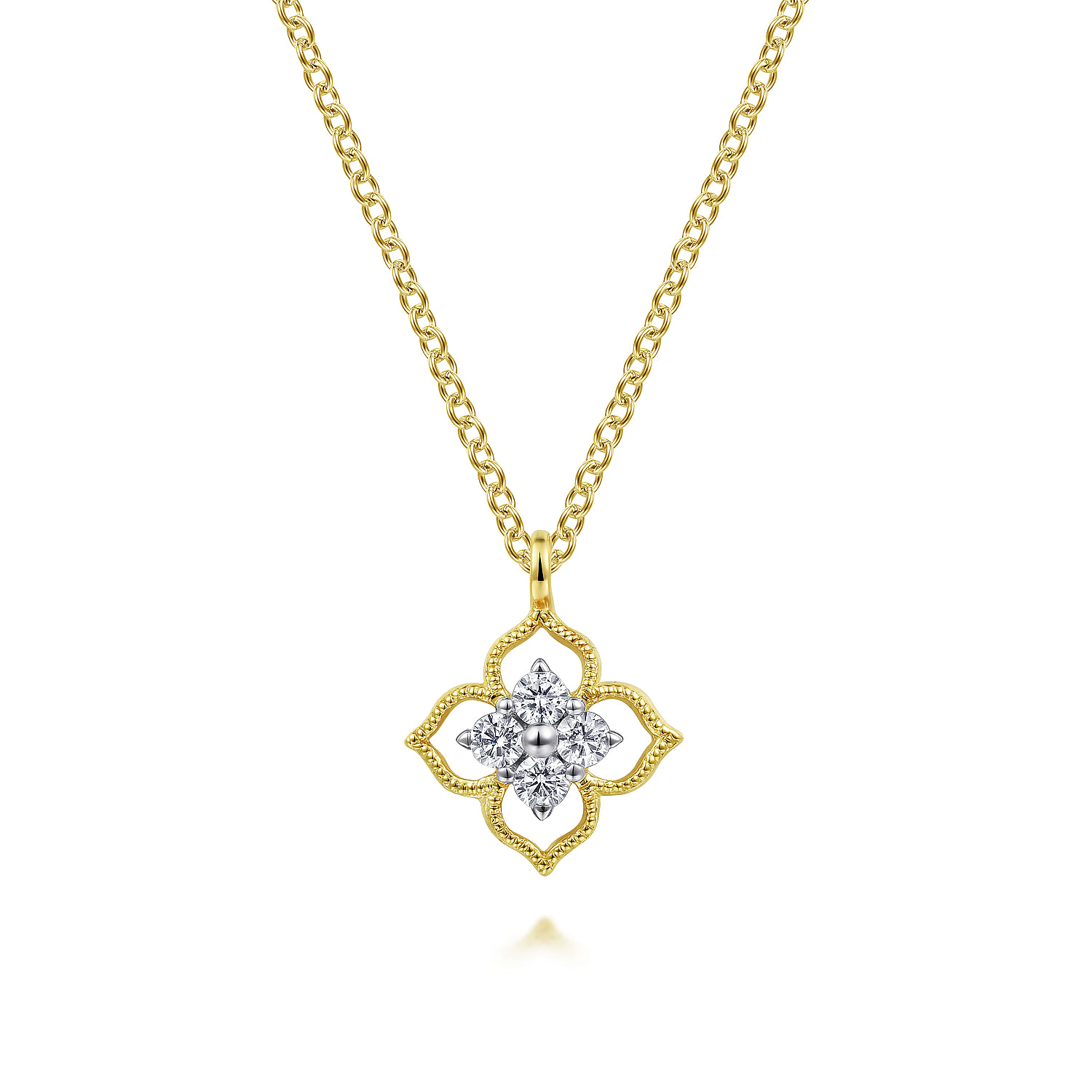 14K Yellow Gold Floral Diamond  Pendant Necklace