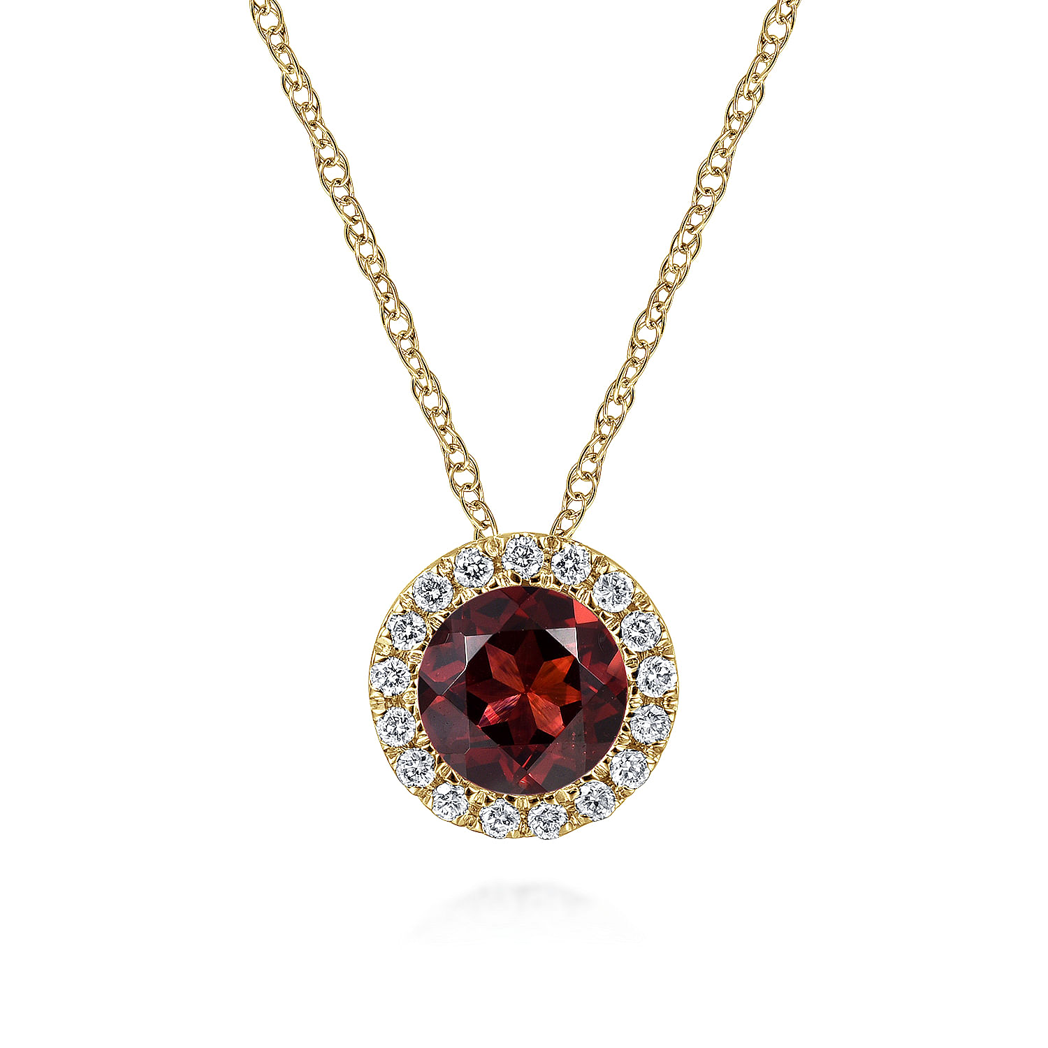 14K Yellow Gold Garnet and Diamond Halo Pendant Necklace