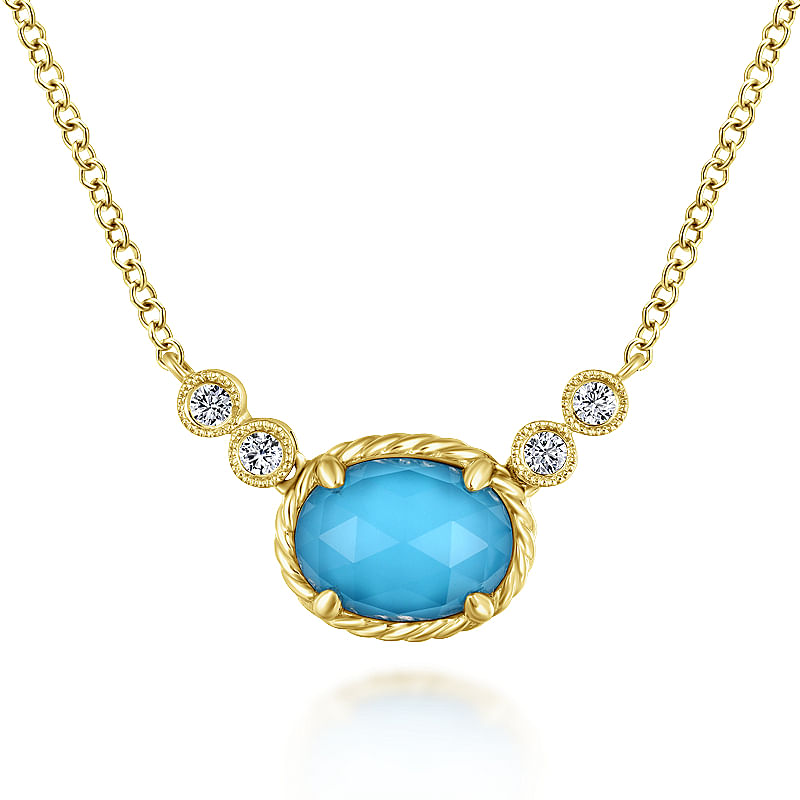 14K Yellow Gold Oval Rock Crystal Turquoise and Diamond Pendant Necklace