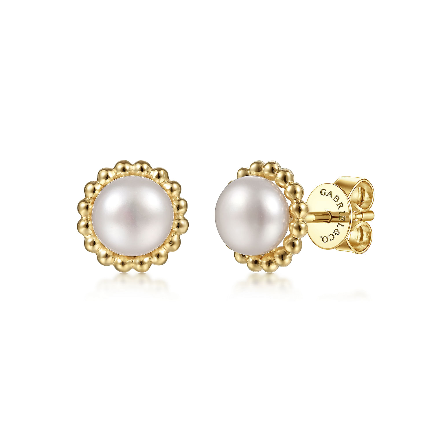 14K Yellow Gold Pearl with Beaded Frame Stud Earrings