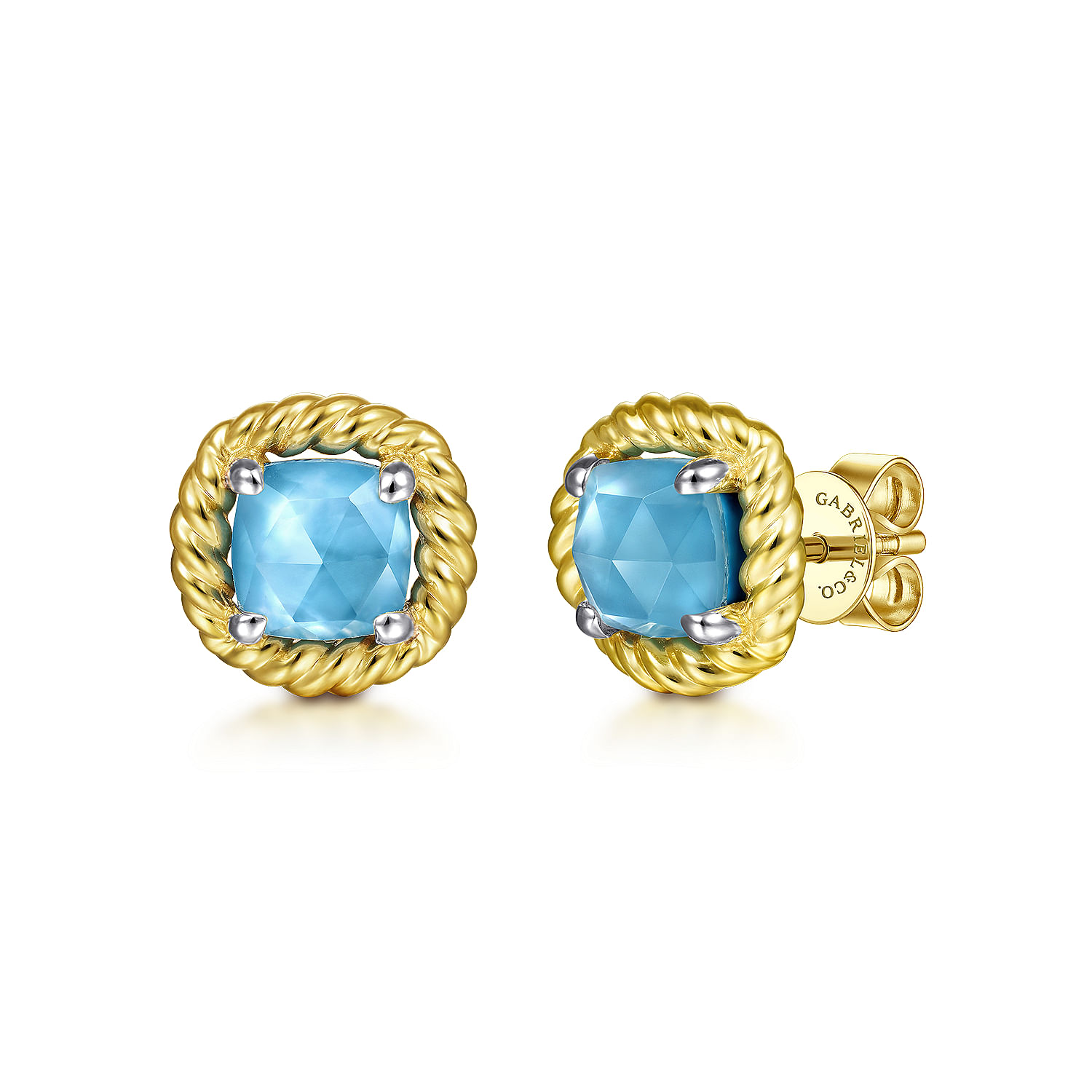 14K Yellow Gold Rock Crystal White Mother of Pearl Turquoise Stud Earrings