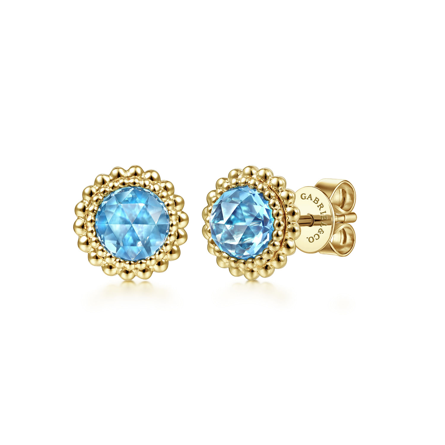 14K Yellow Gold Round Blue Topaz with Beaded Frame Stud Earrings