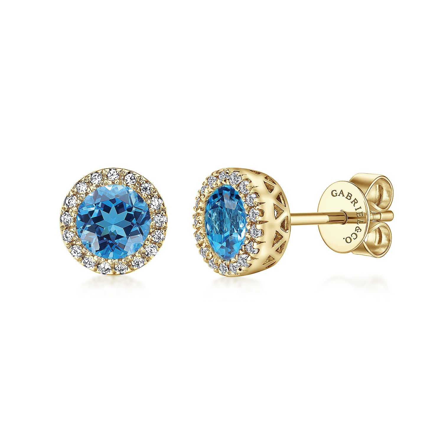 14K Yellow Gold Round Halo Blue Topaz and Diamond Stud Earrings
