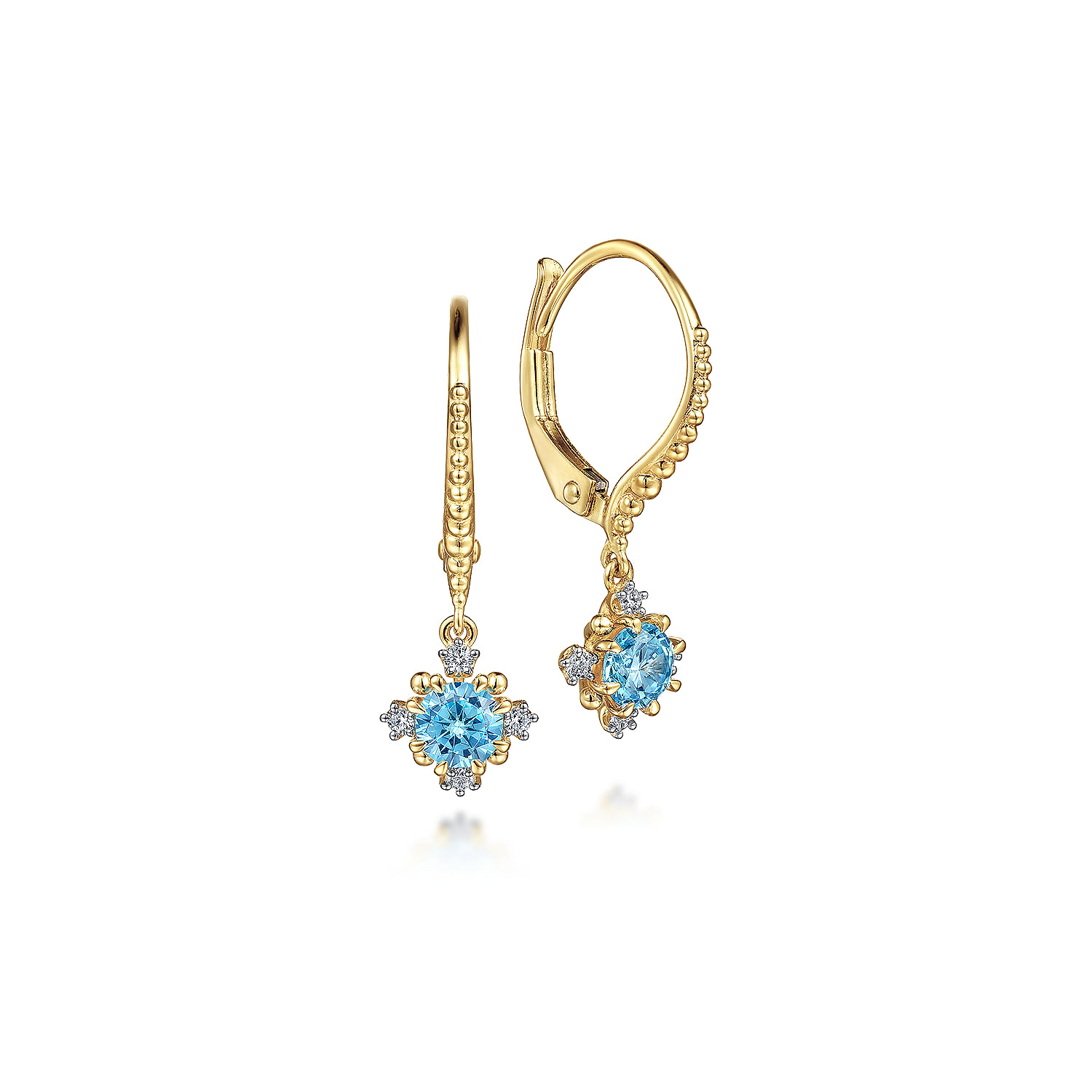 14K Yellow Gold Round Swiss Blue Topaz and Diamond  Drop Earrings