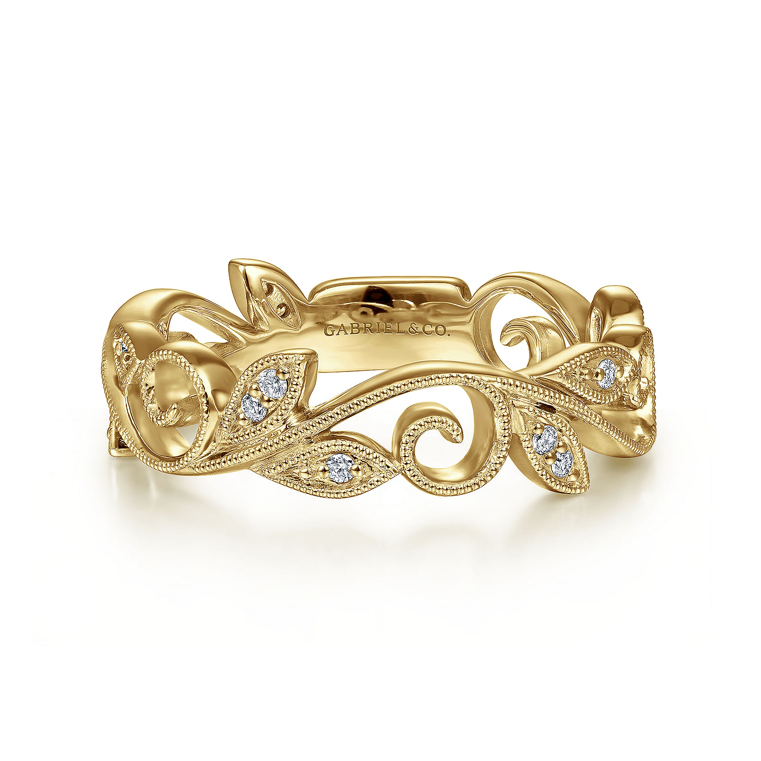 14K Yellow Gold Scrolling Floral Diamond Ring
