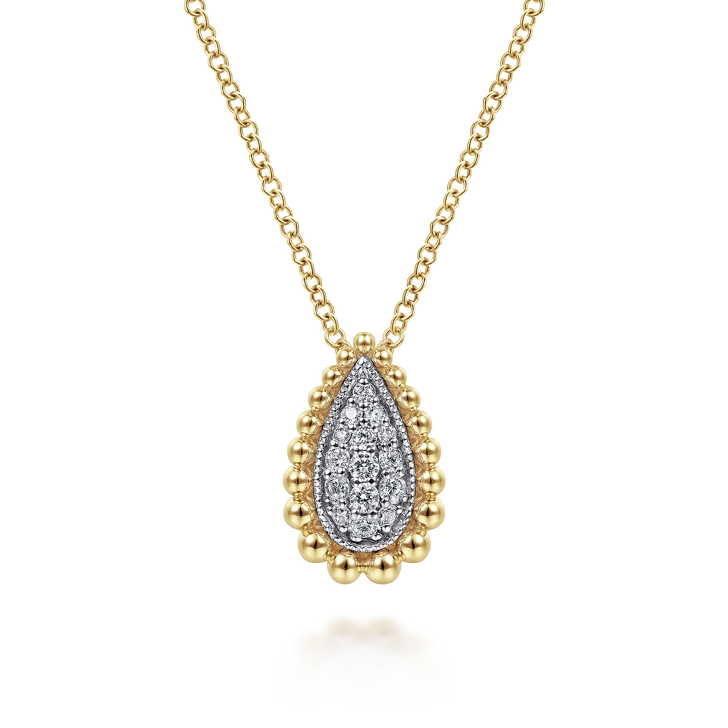 14K Yellow Gold Teardrop Diamond Pave Pendant Necklace with Beaded Frame