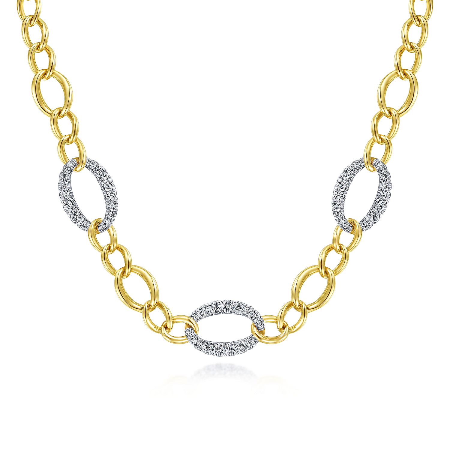 14K Yellow-White Gold Oval Chain Link Necklace with Diamond Pave