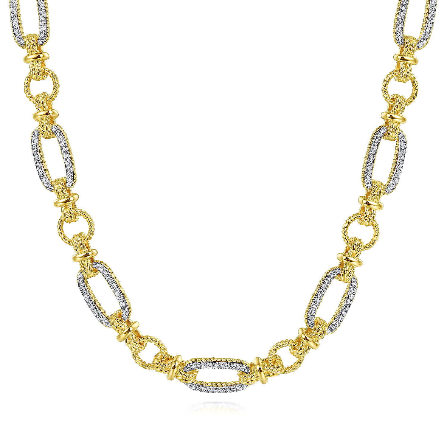 14K Yellow-White Gold Oval Chain Twisted Rope Link Necklace with Diamond Pave