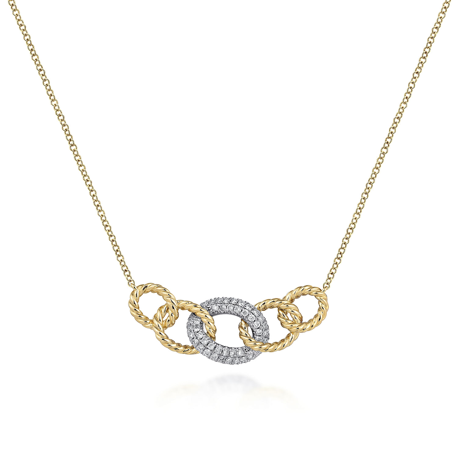 14K Yellow-White Gold Twisted Rope Link Necklace with Pave Diamond Link Station