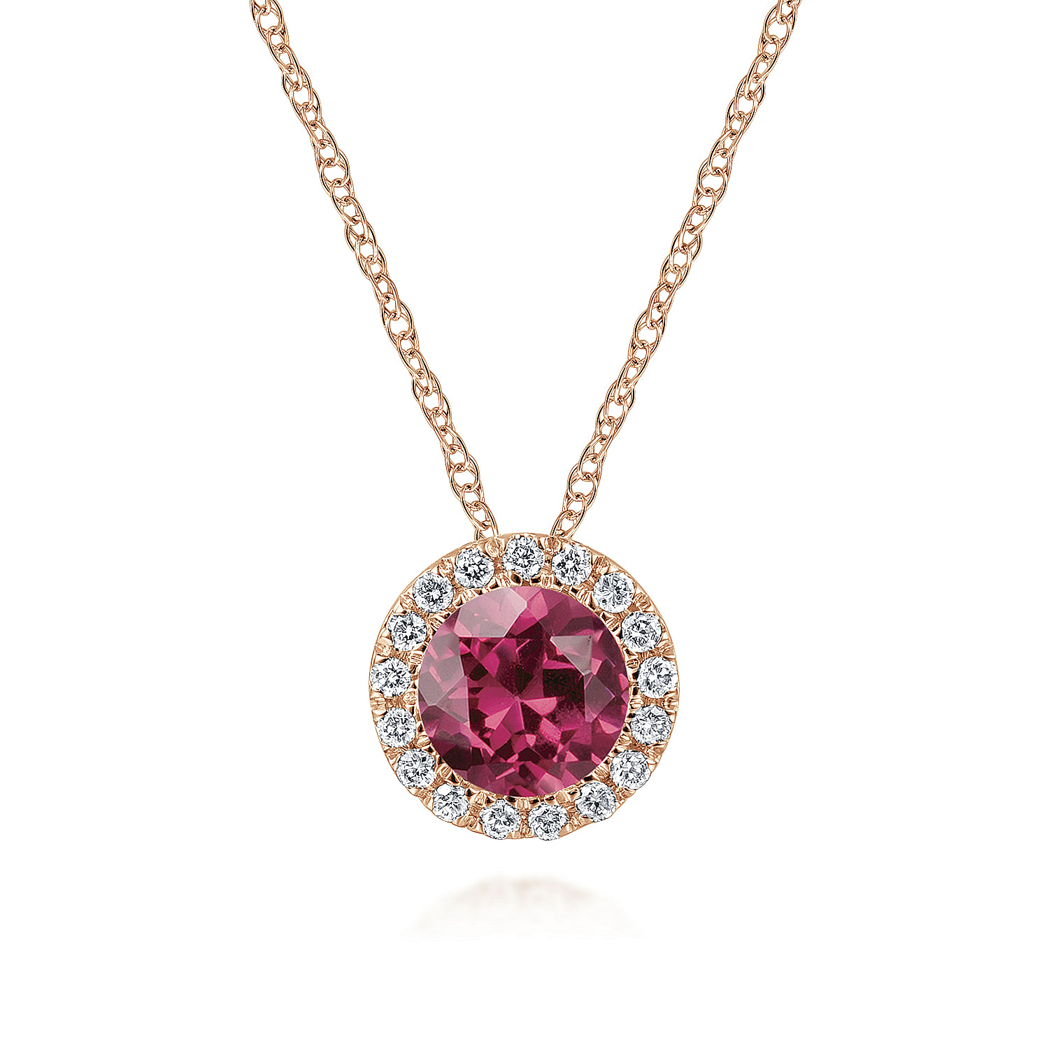 14k Rose Gold Round Cut Diamond Halo   Pink Tourmaline Pendant Necklace