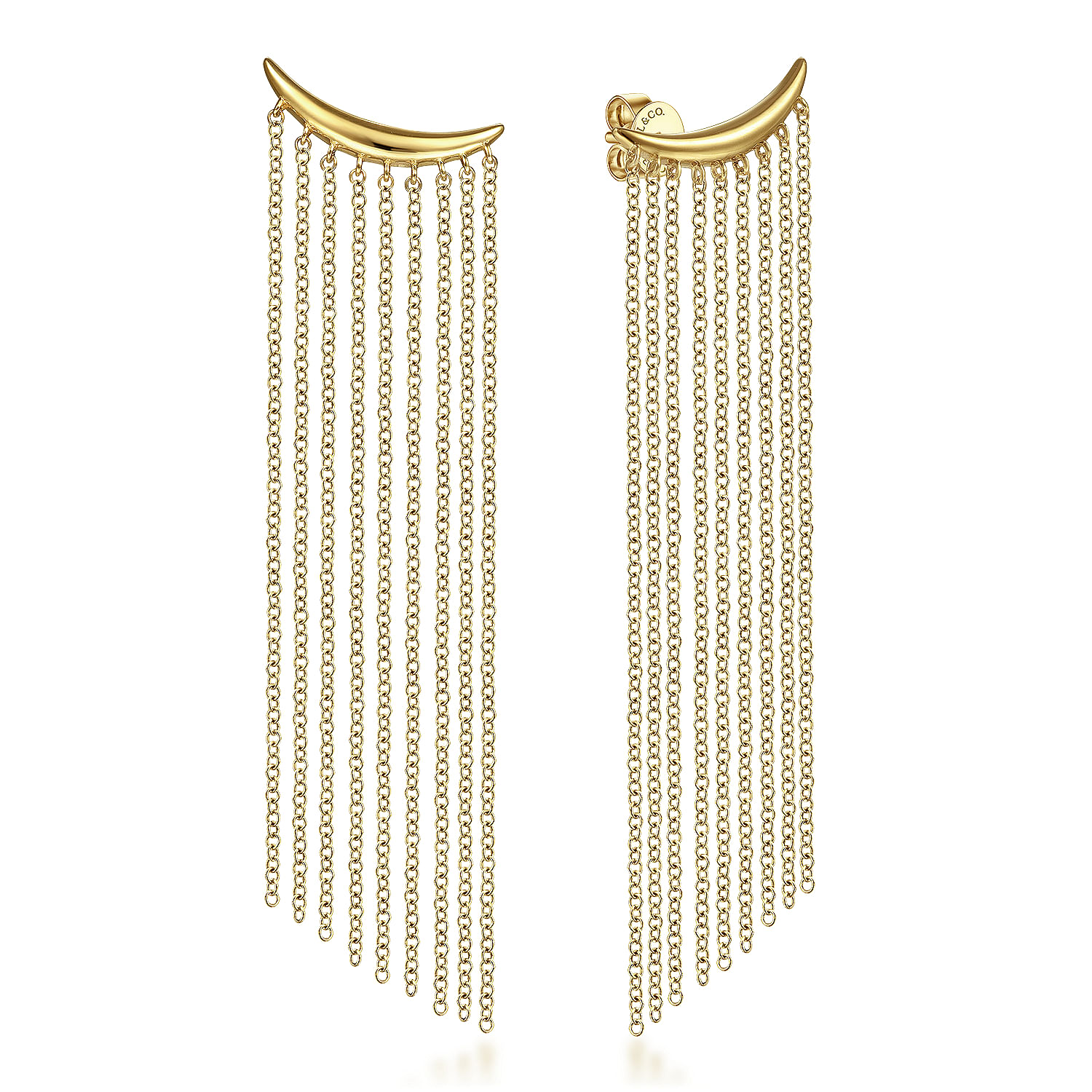 14k Yellow Gold Curved Bar And Waterfall Chain Earrings