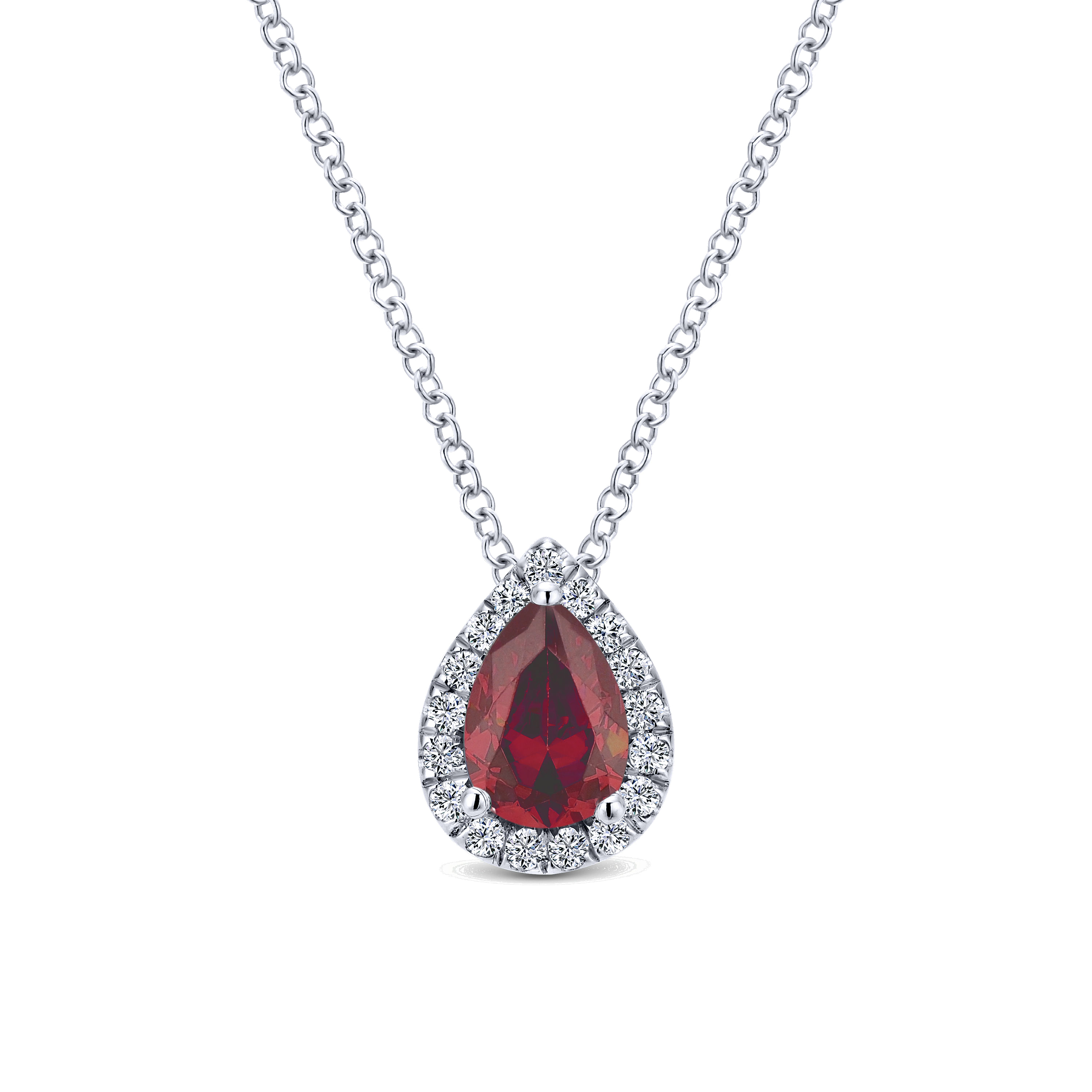 18 inch 14K White Gold Pear Shaped Ruby and Diamond Halo Pendant Necklace