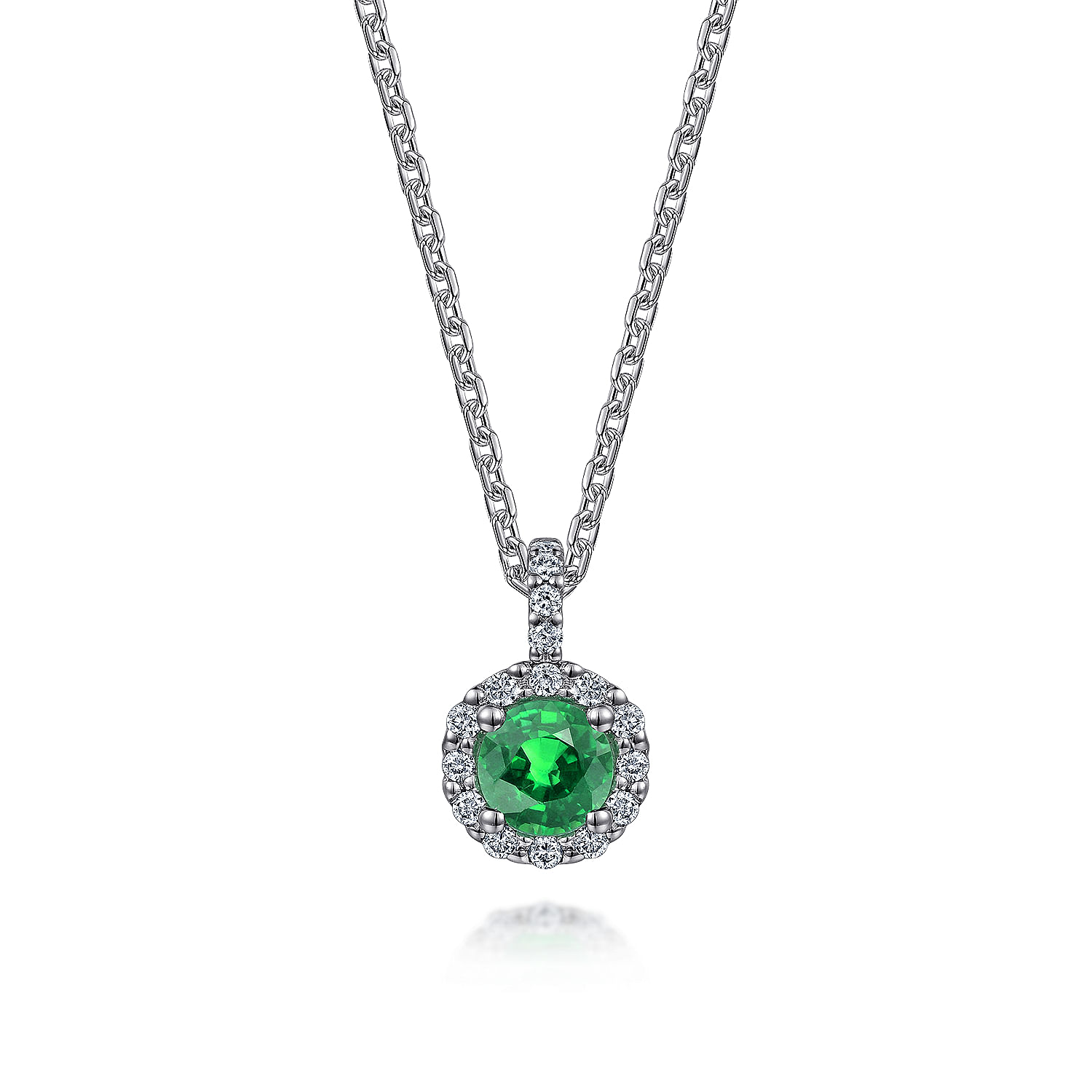 18 inch 14K White Gold Round Emerald and Diamond Halo Pendant Necklace