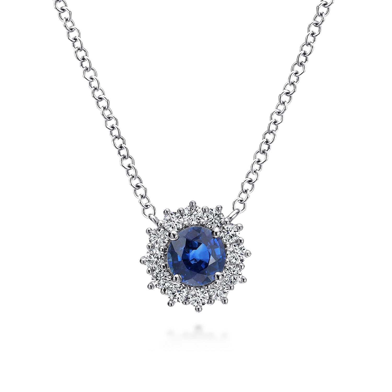 18 inch 14K White Gold Round Sapphire and Diamond Halo Pendant Necklace