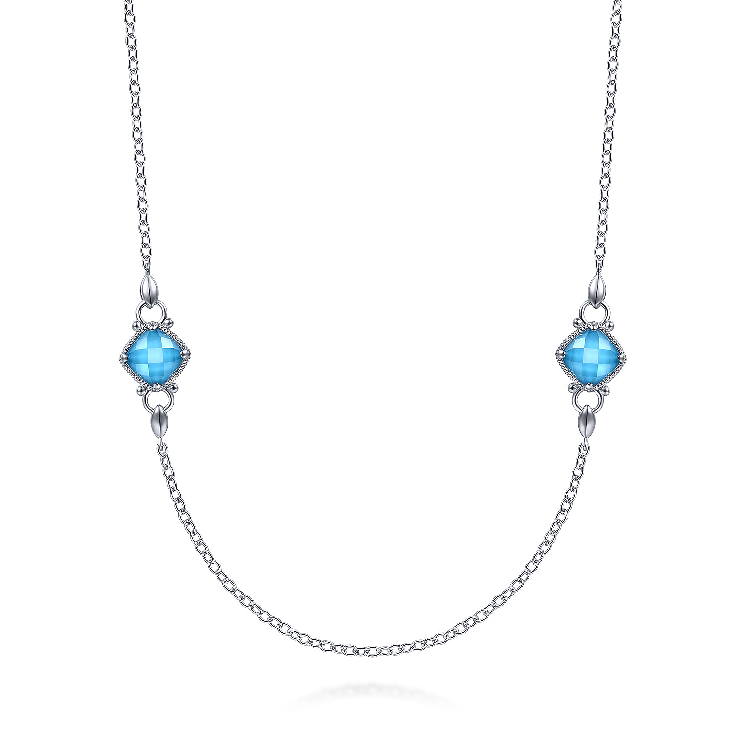 36 inch 925 Sterling Silver Rock Crystal Turquoise and White Sapphire Station Necklace