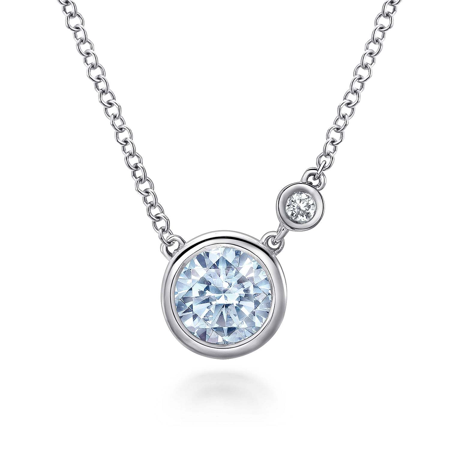 925 Sterling Silver Aquamarine and Diamond Pendant Necklace W Bezel Set
