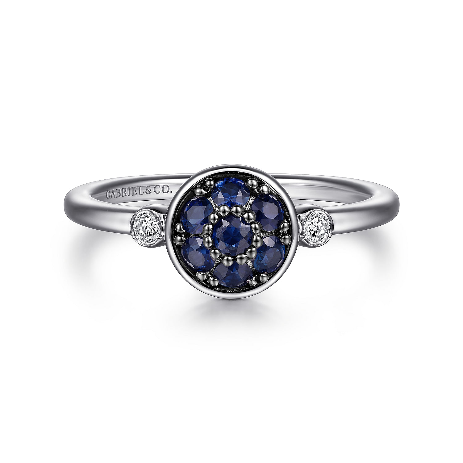 925 Sterling Silver Bezel Set Diamond and  B Quality Blue Sapphire Cluster Ring
