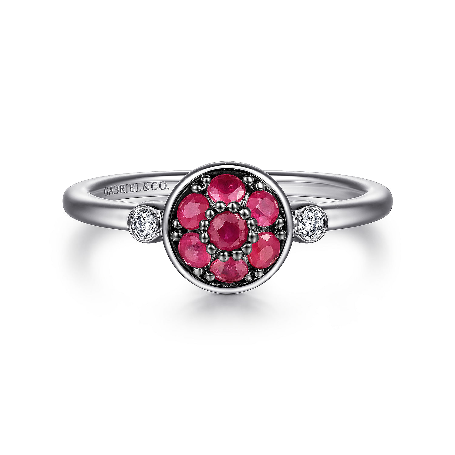 925 Sterling Silver Bezel Set Diamond and B Quality Ruby Cluster Ring