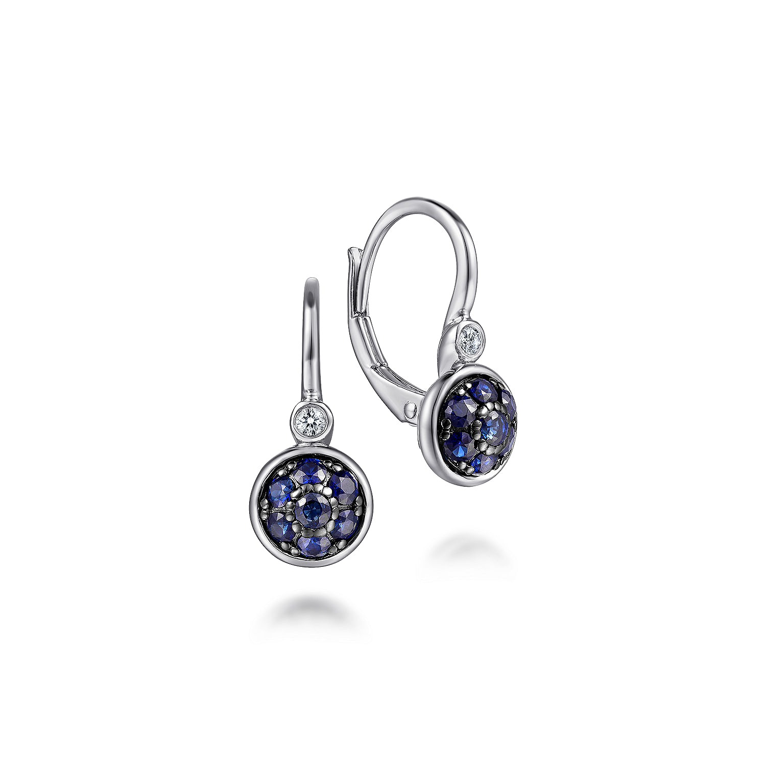 925 Sterling Silver Bezel Set Diamond and Round  B Quality Blue Sapphire Cluster Leverback Earrings