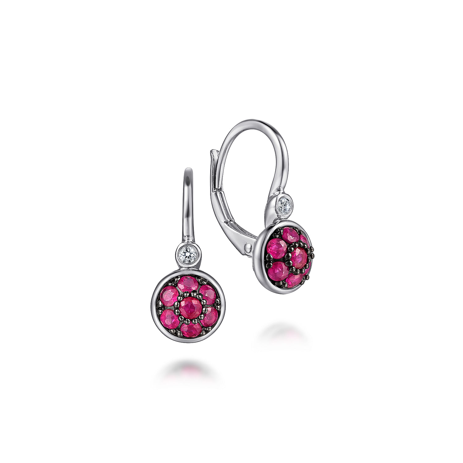 925 Sterling Silver Bezel Set Diamond and Round B Quality Ruby Cluster Leverback Earrings