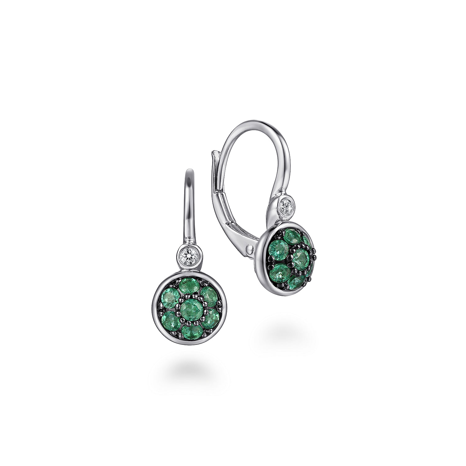 925 Sterling Silver Bezel Set Diamond and Round Emerald Cluster Leverback Earrings