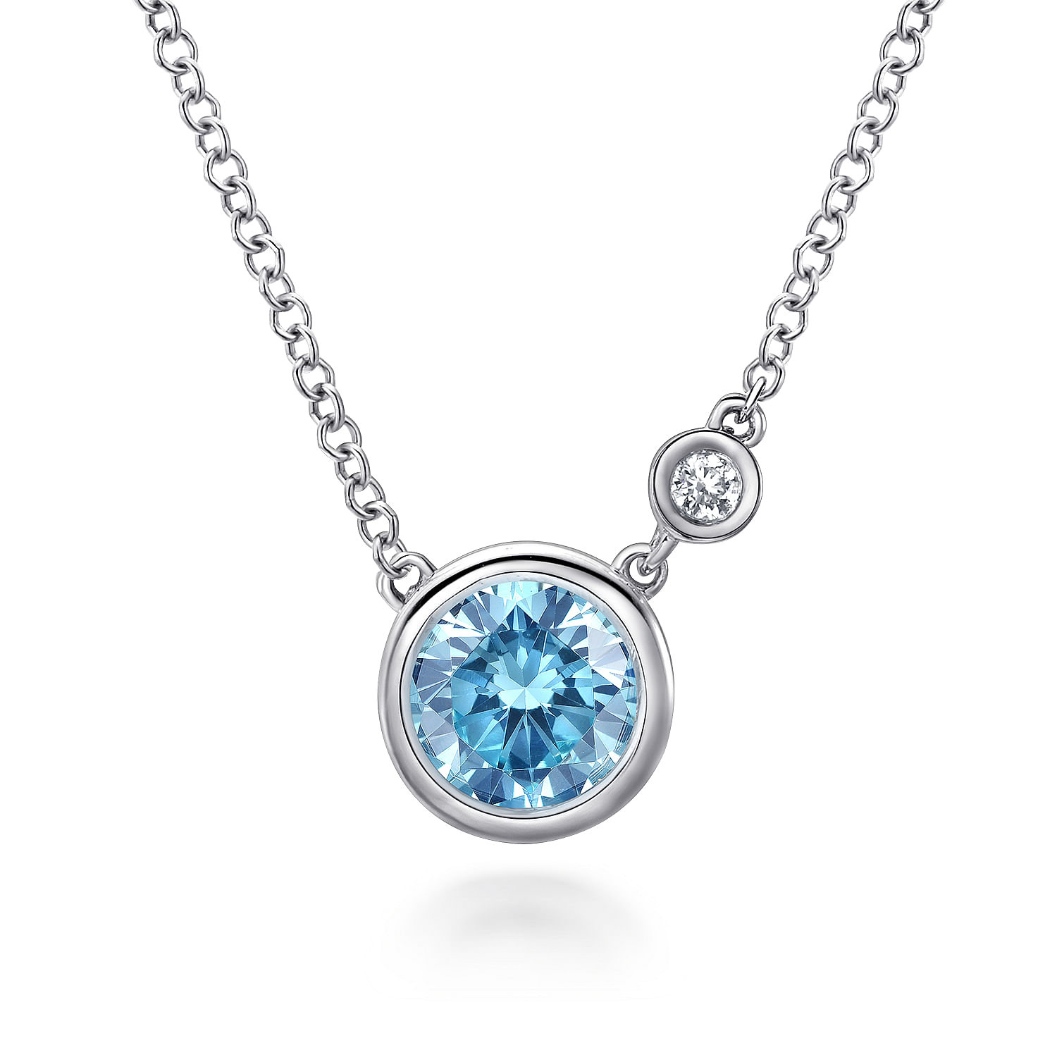 925 Sterling Silver Blue Topaz and Diamond Pendant Necklace W Bezel Set