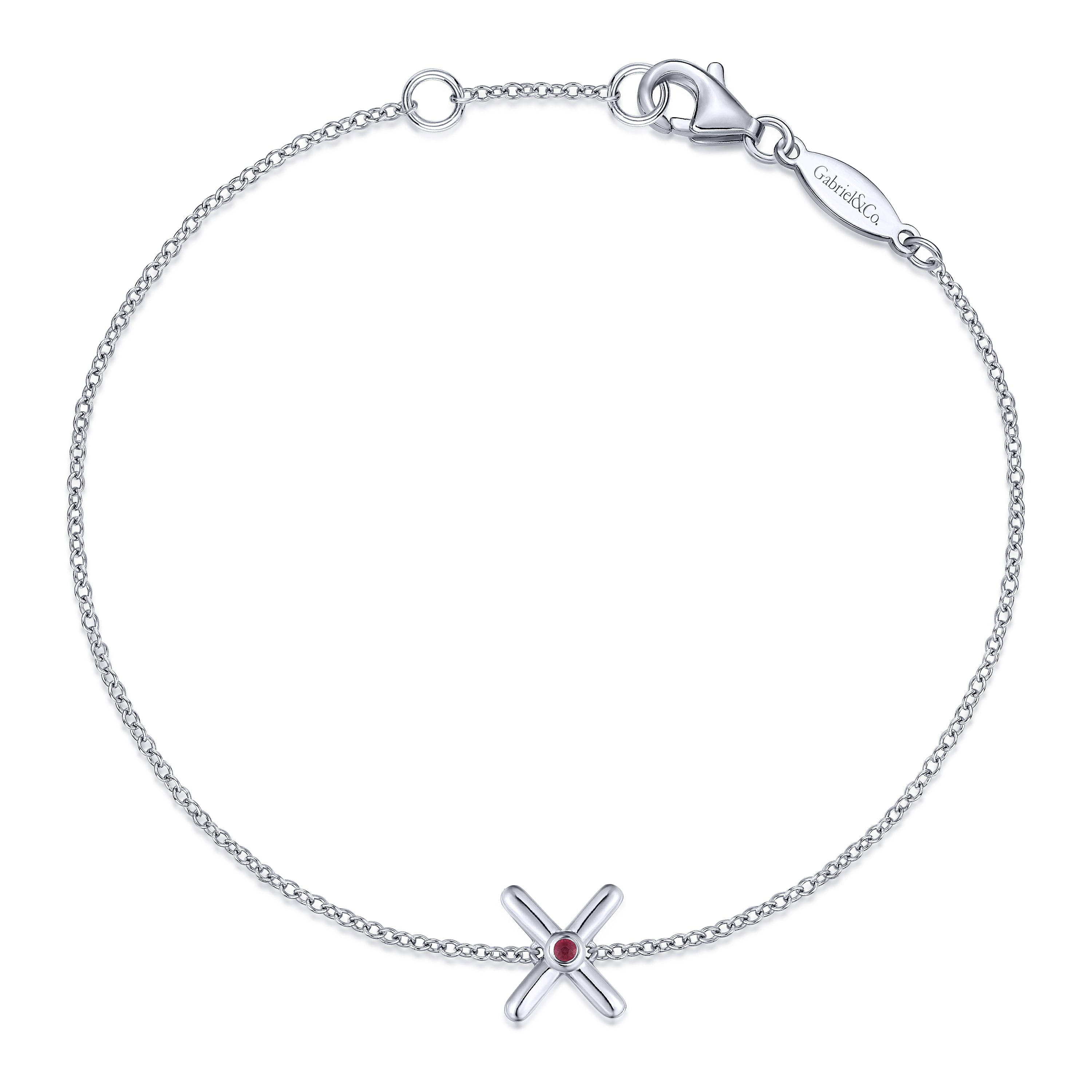 925 Sterling Silver Chain Bracelet with Ruby X Charm