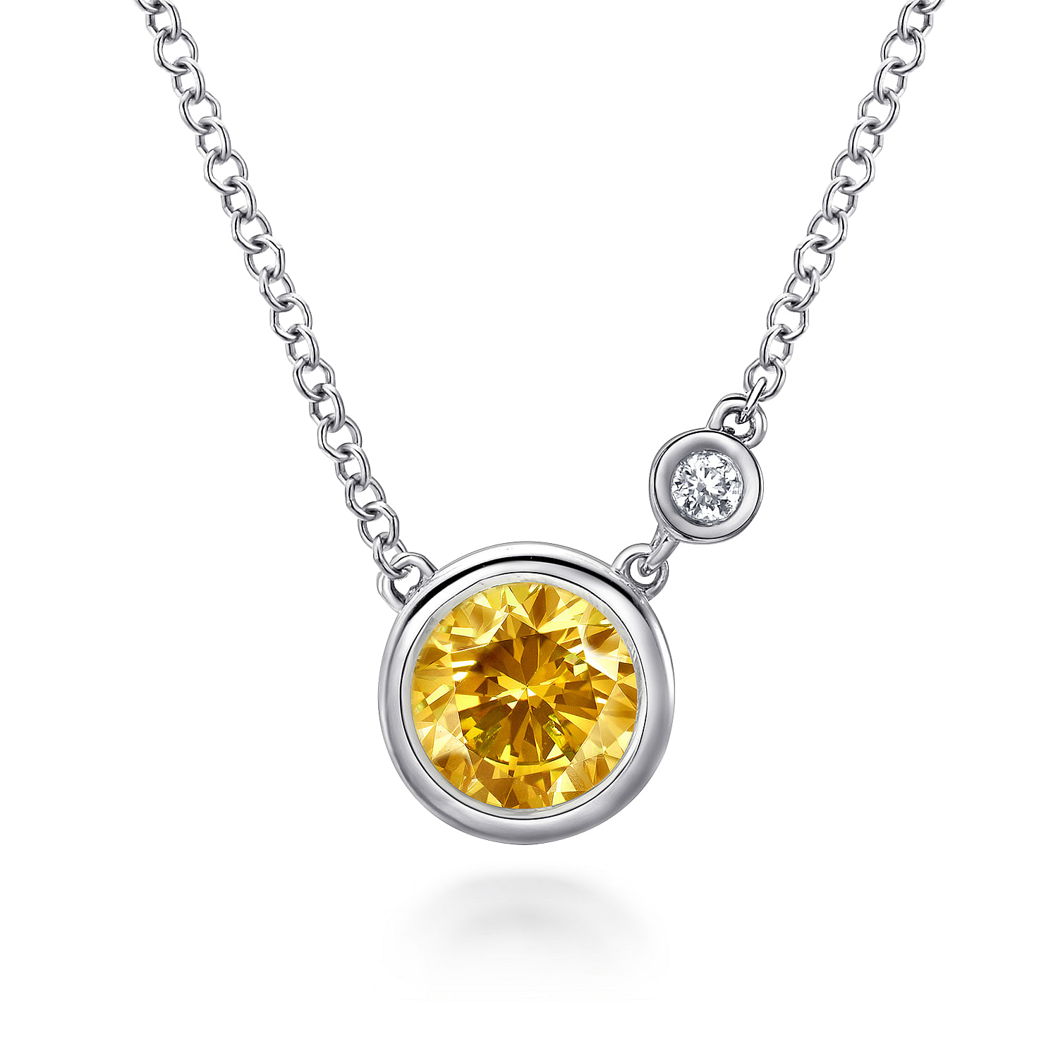 925 Sterling Silver Citrine and Diamond Pendant Necklace W Bezel Set