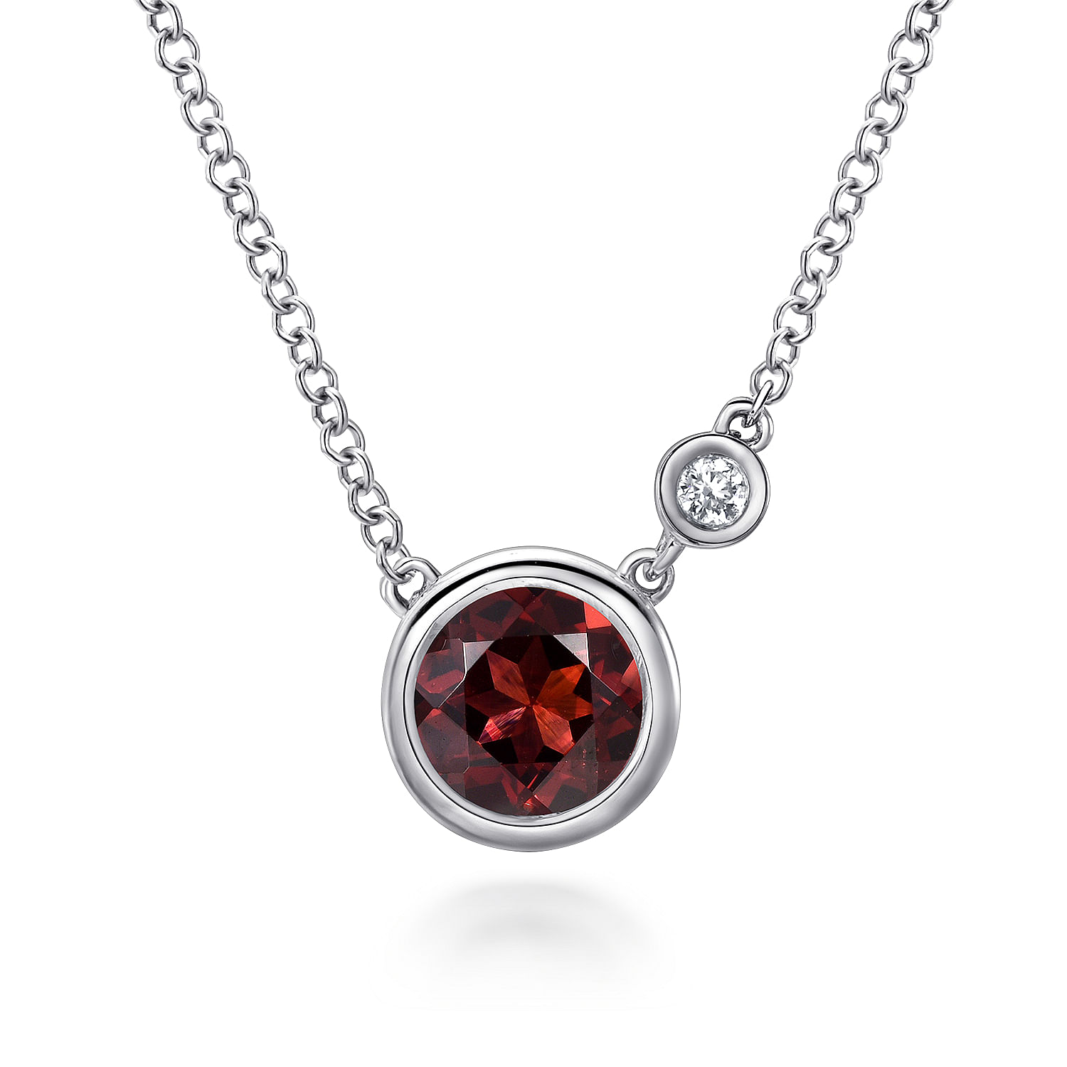 925 Sterling Silver Garnet and Diamond Pendant Necklace W Bezel Set