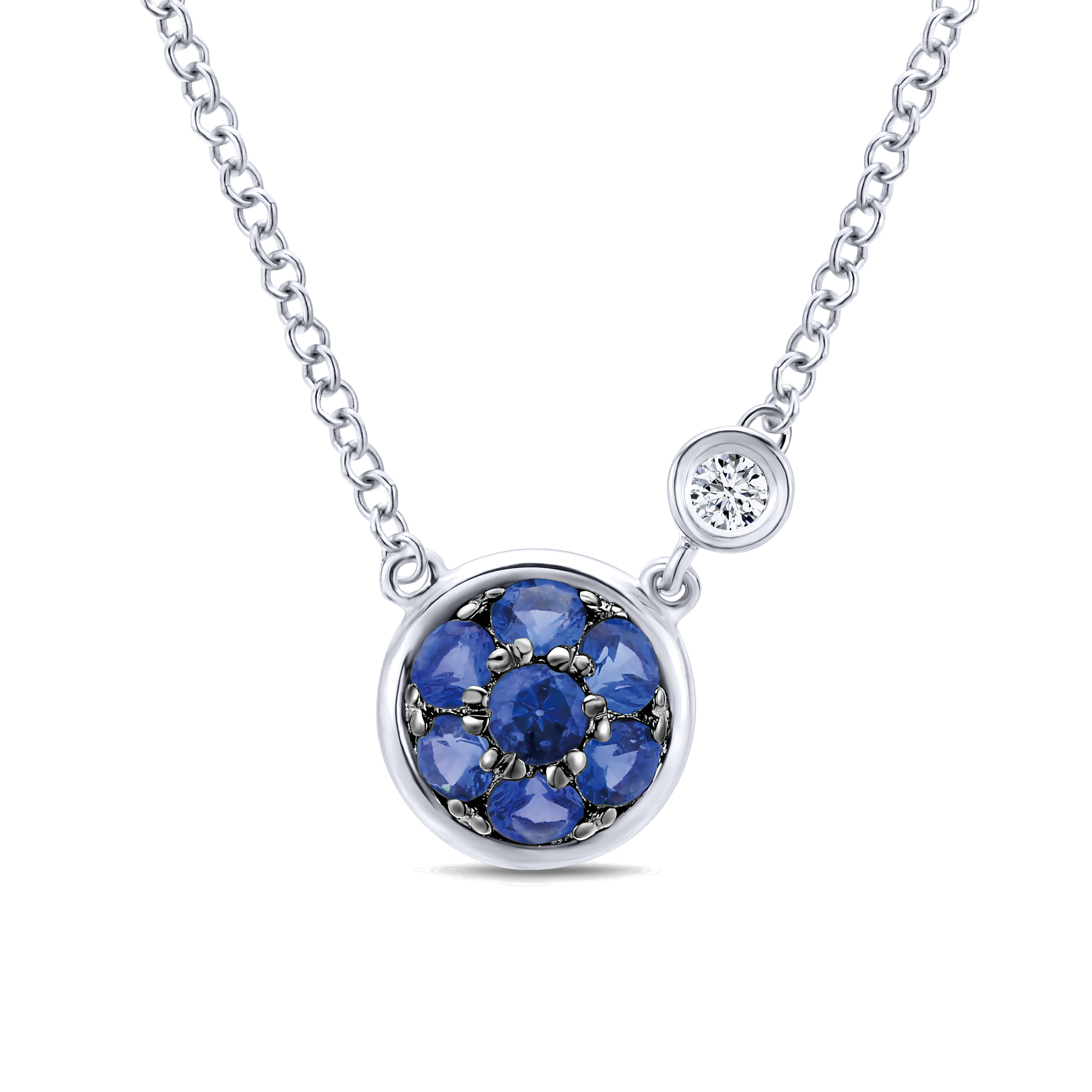 925 Sterling Silver Round  B Quality Blue Sapphire Cluster Pendant Necklace with Side Bezel Diamond