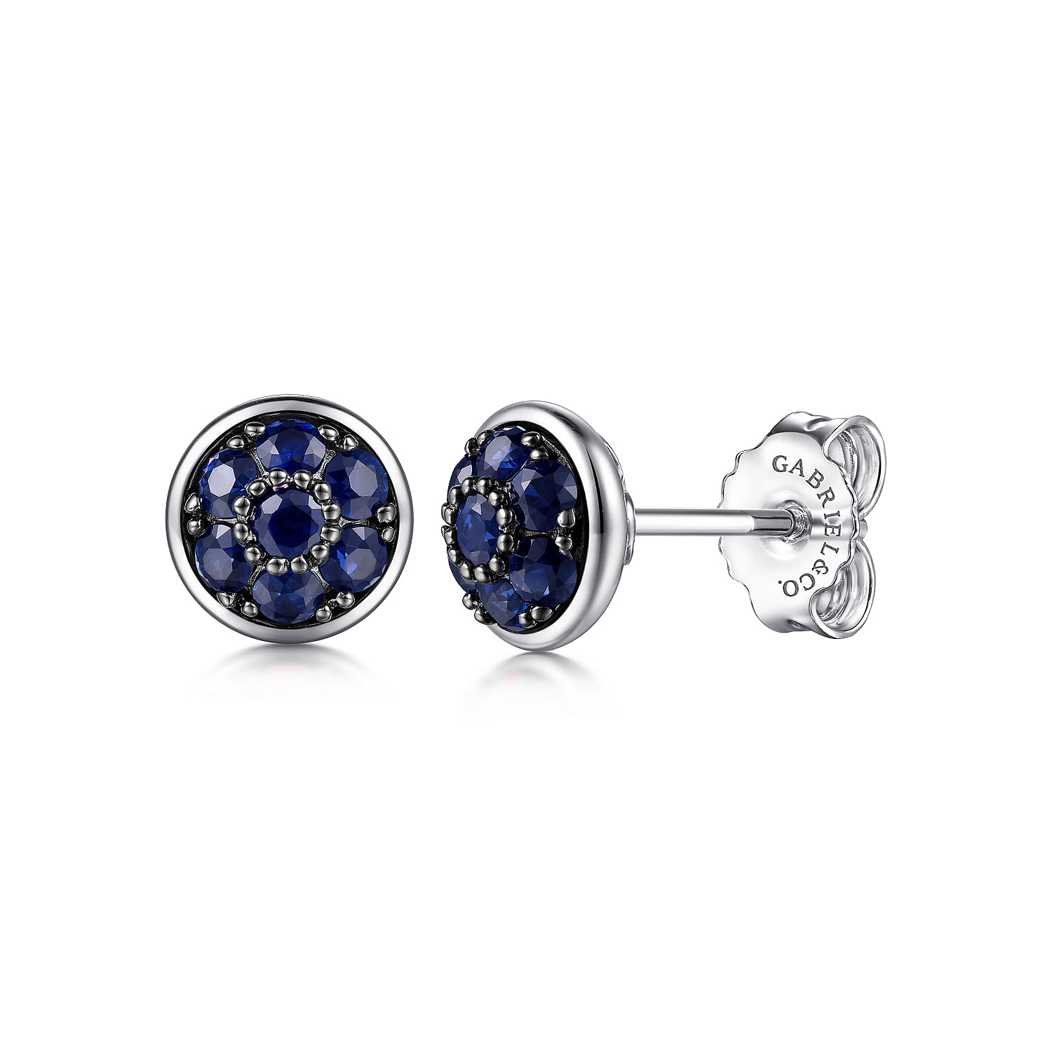 925 Sterling Silver Round  B Quality Blue Sapphire Cluster Stud Earrings