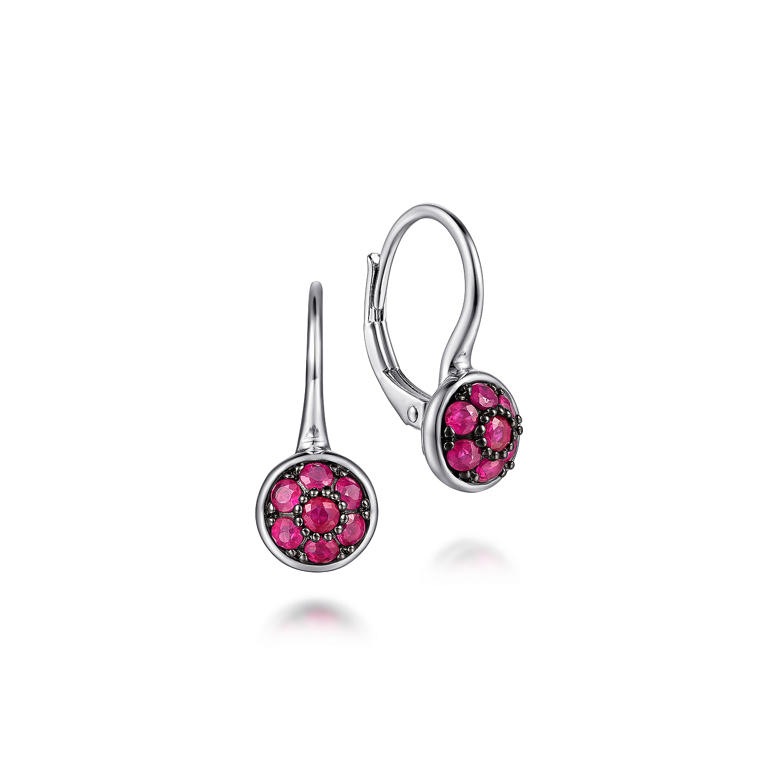 925 Sterling Silver Round B Quality Ruby Cluster Leverback Earrings