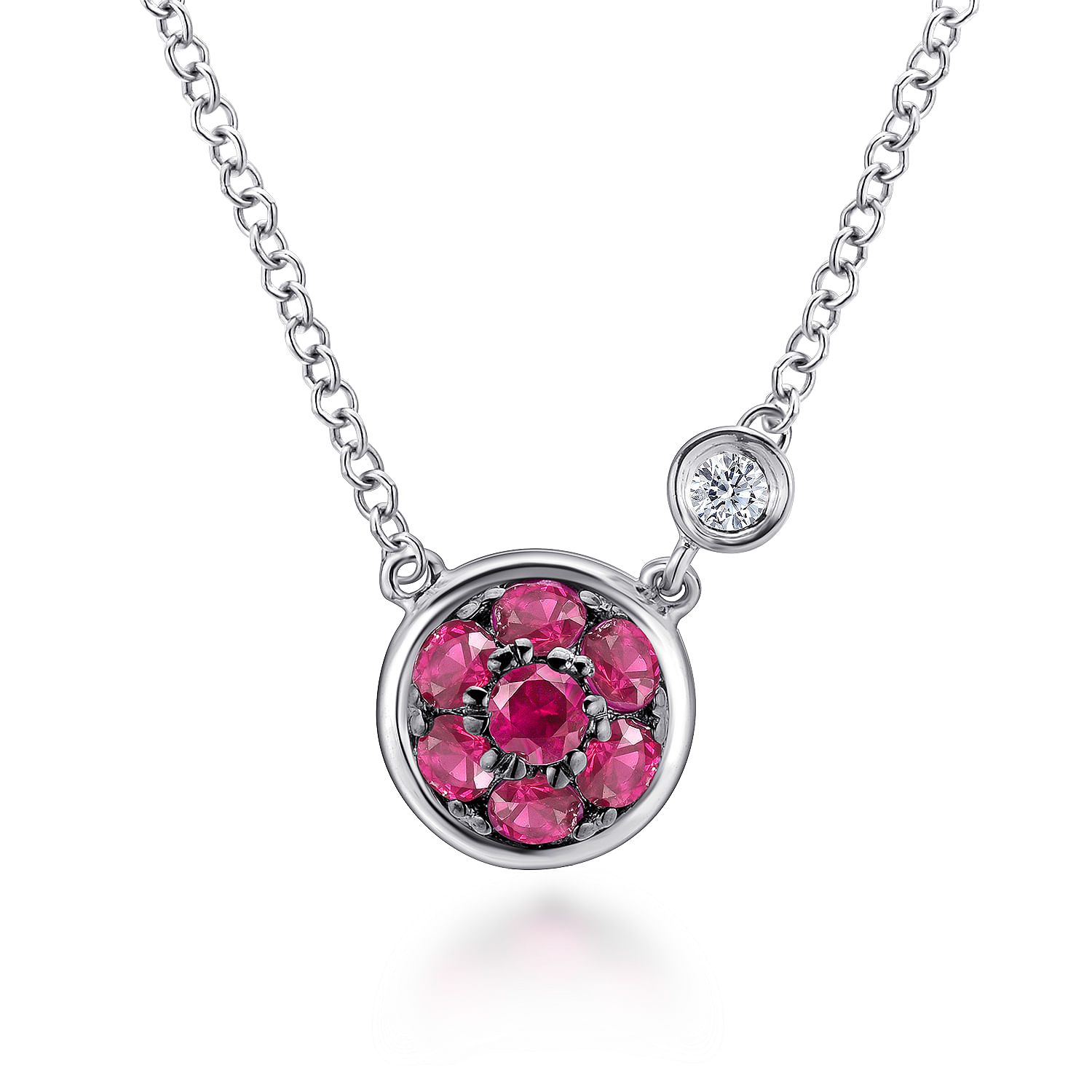 925 Sterling Silver Round B Quality Ruby Cluster Pendant Necklace with Side Bezel Diamond