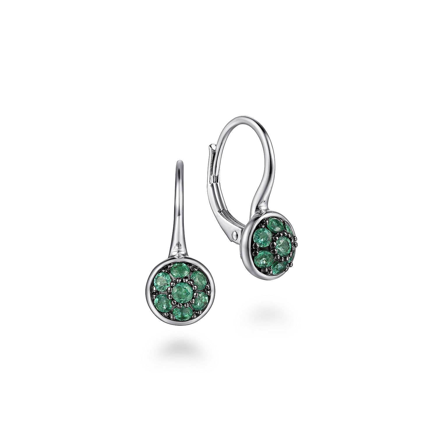 925 Sterling Silver Round Emerald Cluster Leverback Earrings