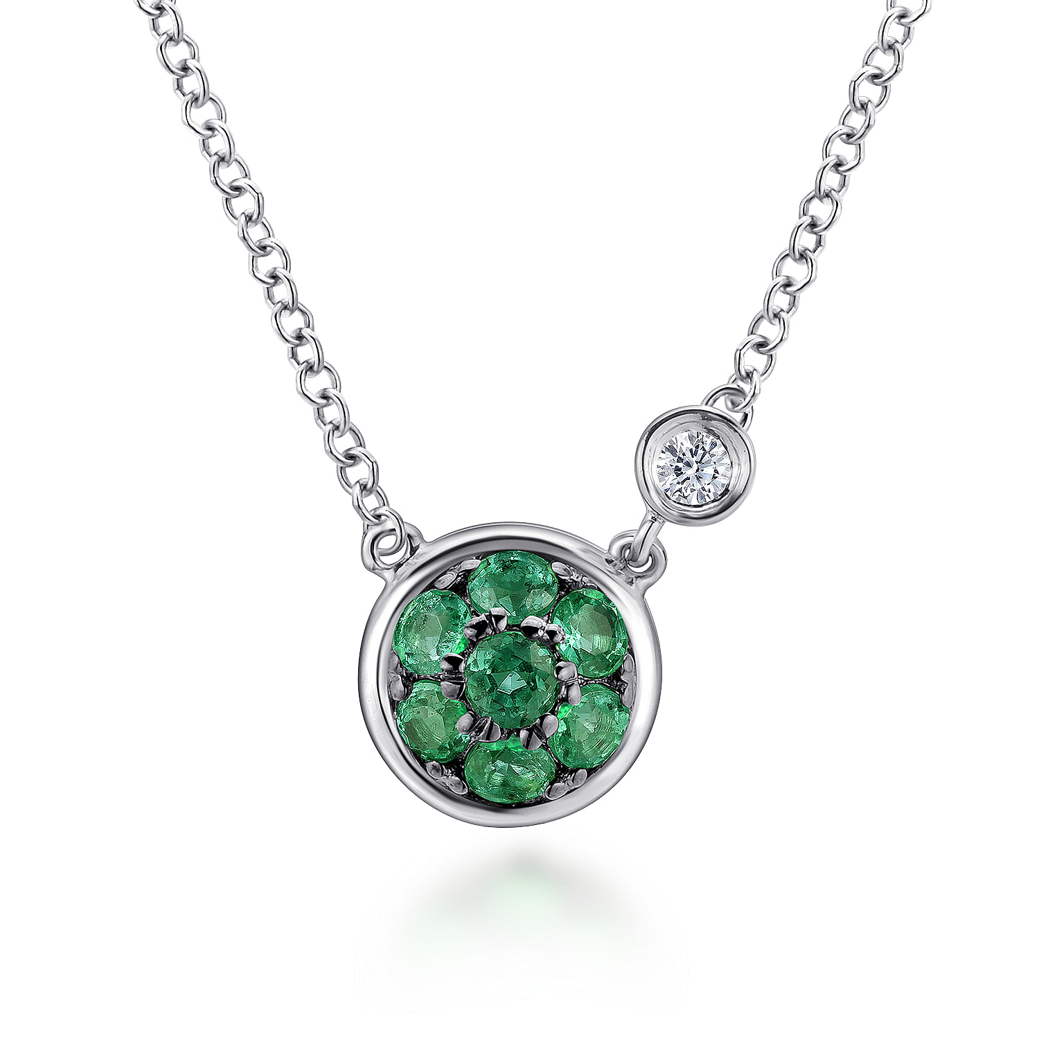 925 Sterling Silver Round  Emerald Cluster Pendant Necklace with Side Bezel Diamond