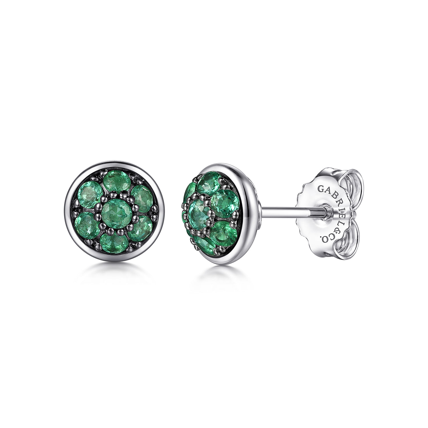 925 Sterling Silver Round  Emerald Cluster Stud Earrings