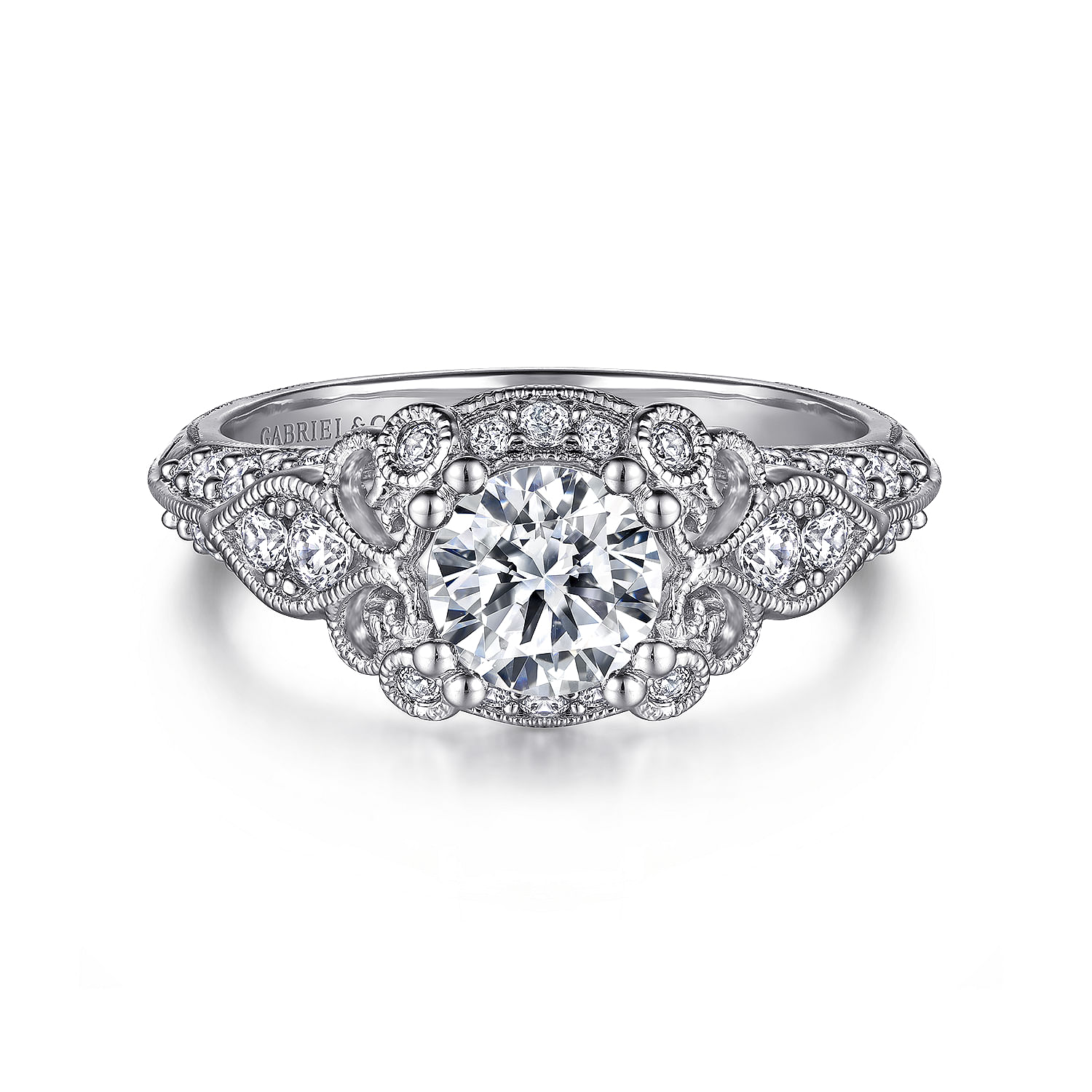 Abel - Unique 14K White Gold Vintage Inspired Diamond Halo Engagement Ring