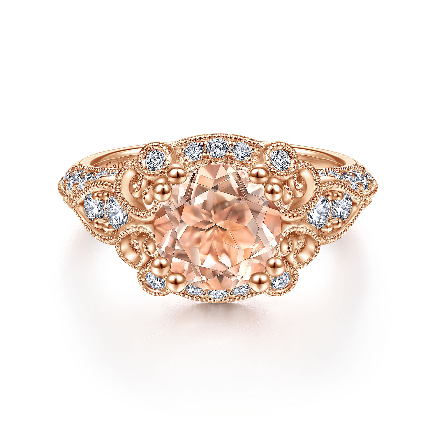 Abel - Vintage Inspired 14K Rose Gold Round Halo Morganite and Diamond Engagement Ring