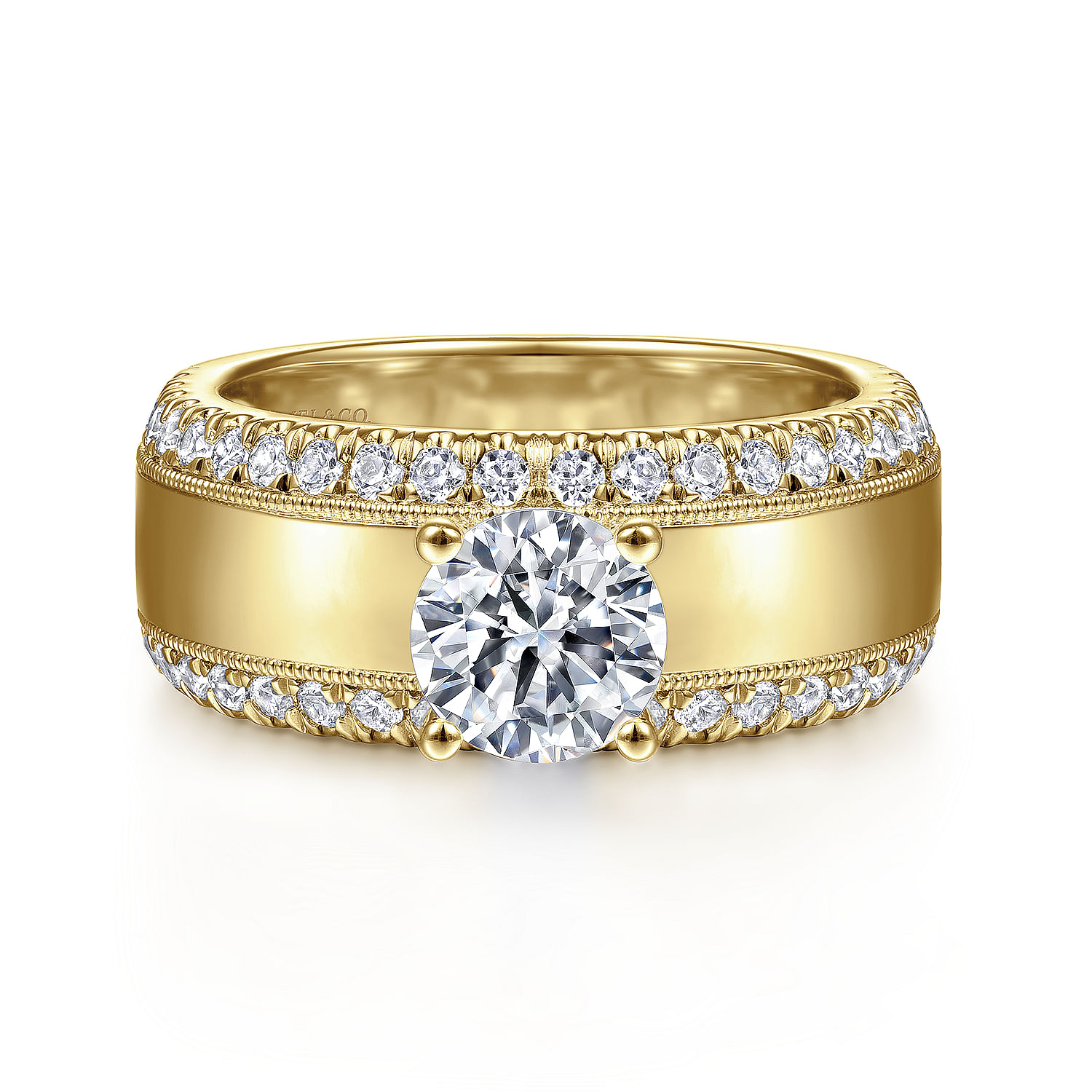 Amos - 14K Yellow Gold Round Wide Band Diamond Engagement Ring