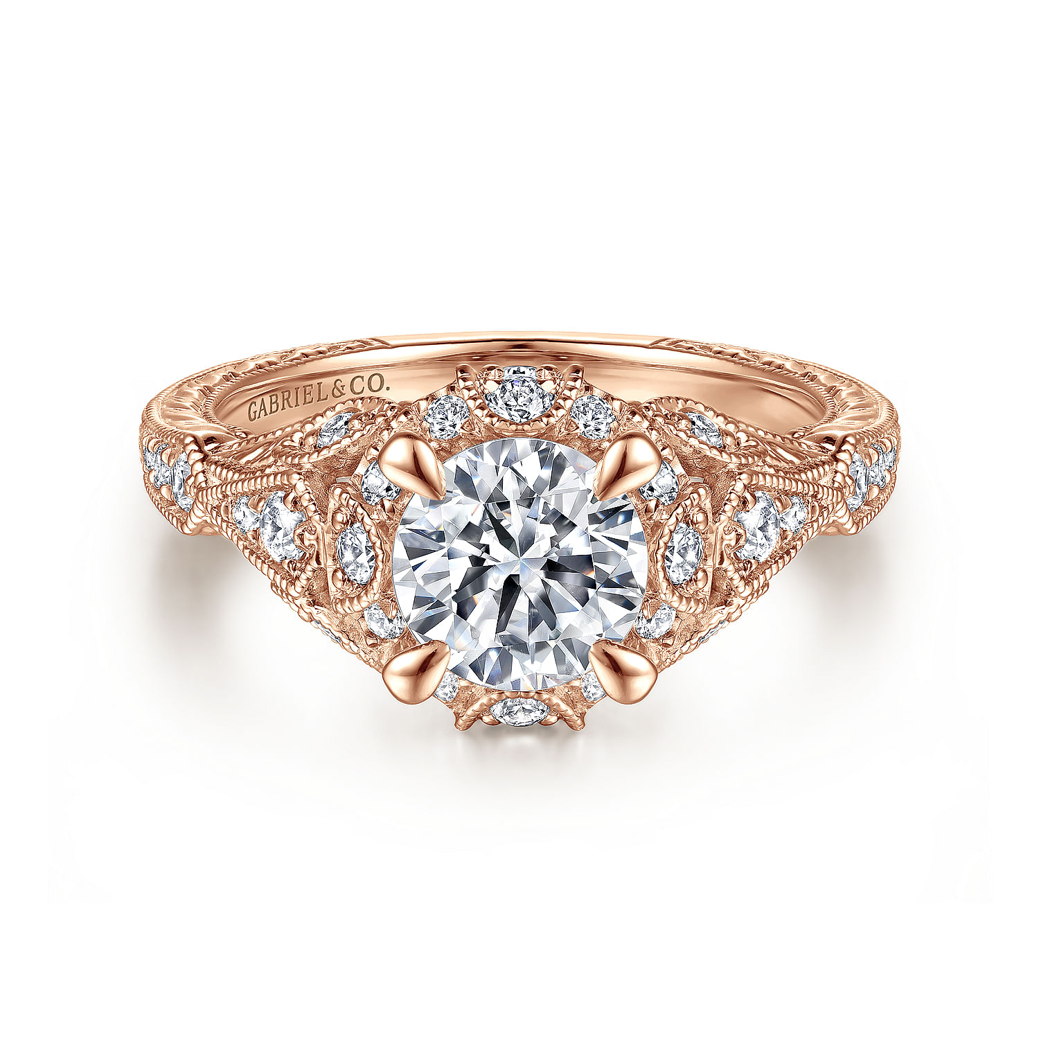 Annadale - Unique 14K Rose Gold Vintage Inspired Diamond Halo Engagement Ring