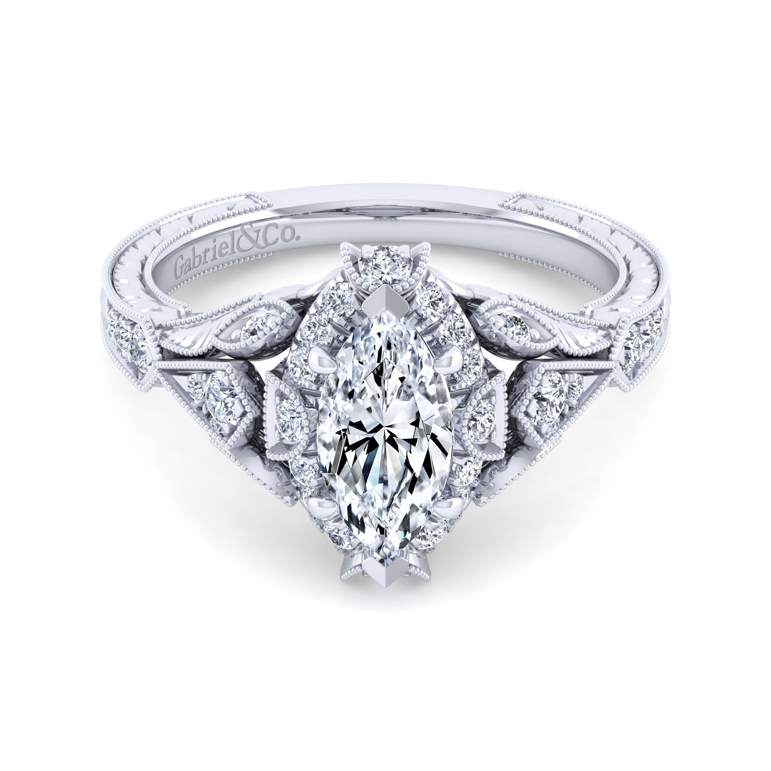 Annadale - Unique 14K White Gold Vintage Inspired Marquise Shape Diamond Halo Engagement Ring