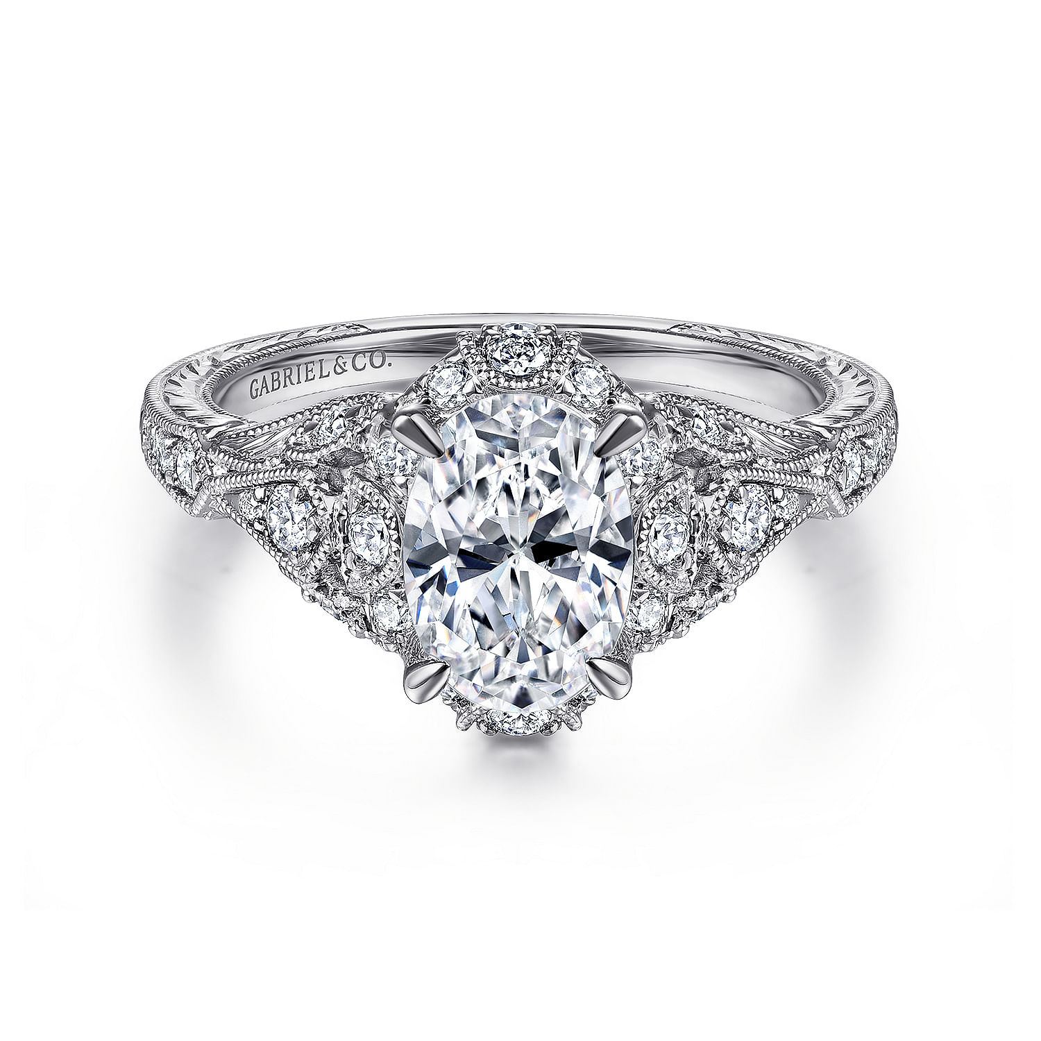 Annadale - Unique 14K White Gold Vintage Inspired Oval Halo Diamond Engagement Ring
