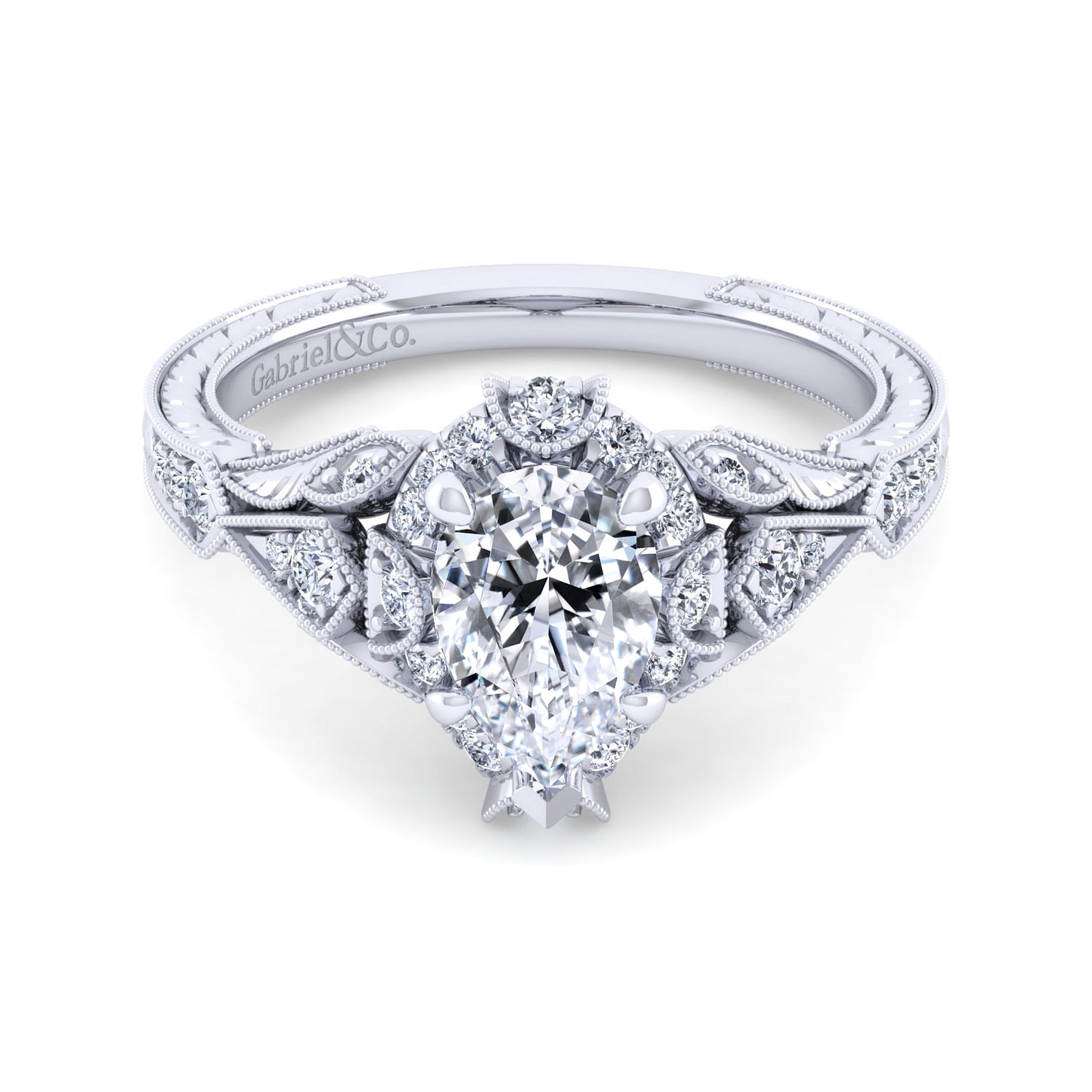 Annadale - Unique 14K White Gold Vintage Inspired Pear Shape Diamond Halo Engagement Ring