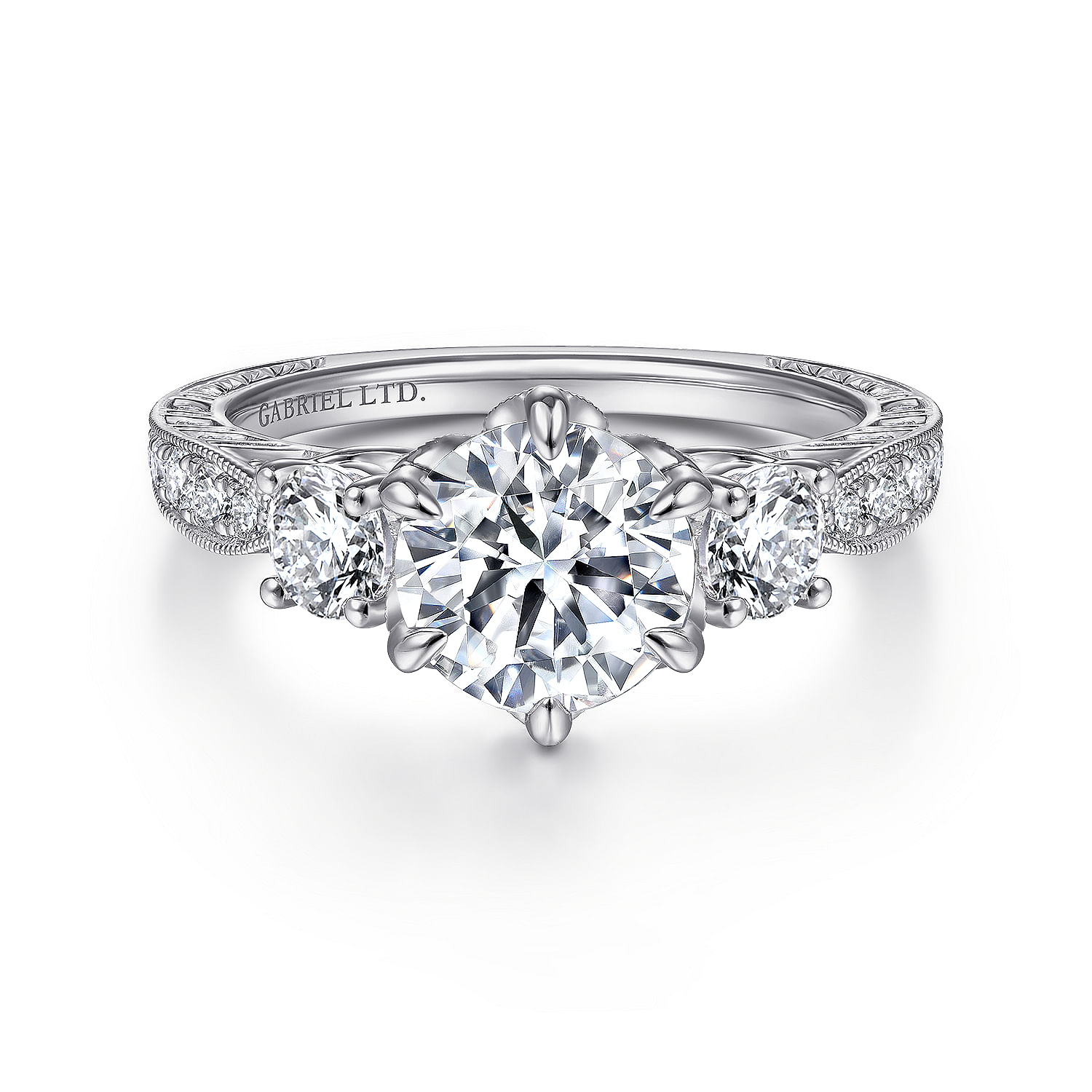Aurna - Vintage Inspired 18K White Gold Round Three Stone Diamond Engagement Ring