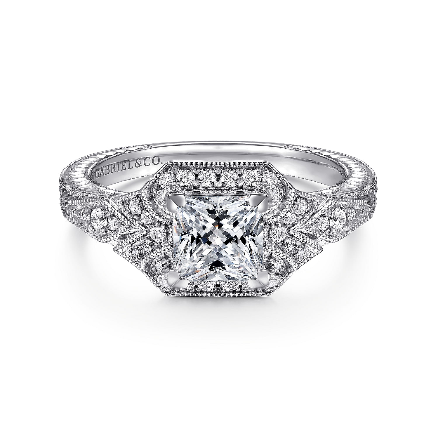 Capulet - Unique 14K White Gold Art Deco Princess Cut Halo Diamond Engagement Ring