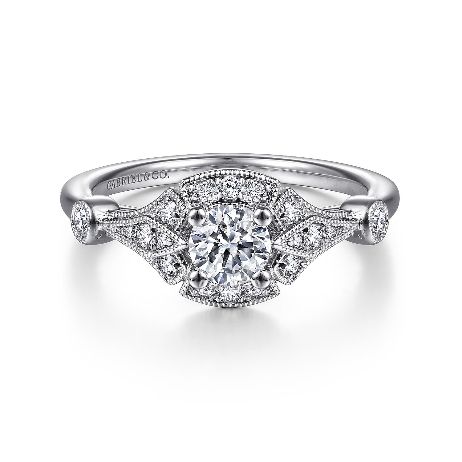 Cerise - Art Deco 14K White Gold Round Halo Complete Diamond Engagement Ring