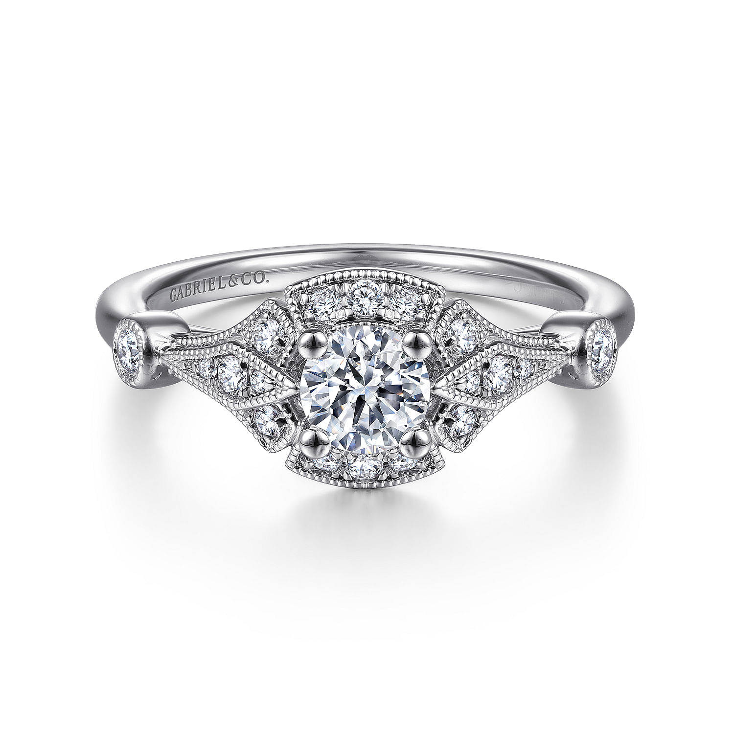 Cerise - Art Deco 14K White Gold Round Halo Diamond Engagement Ring