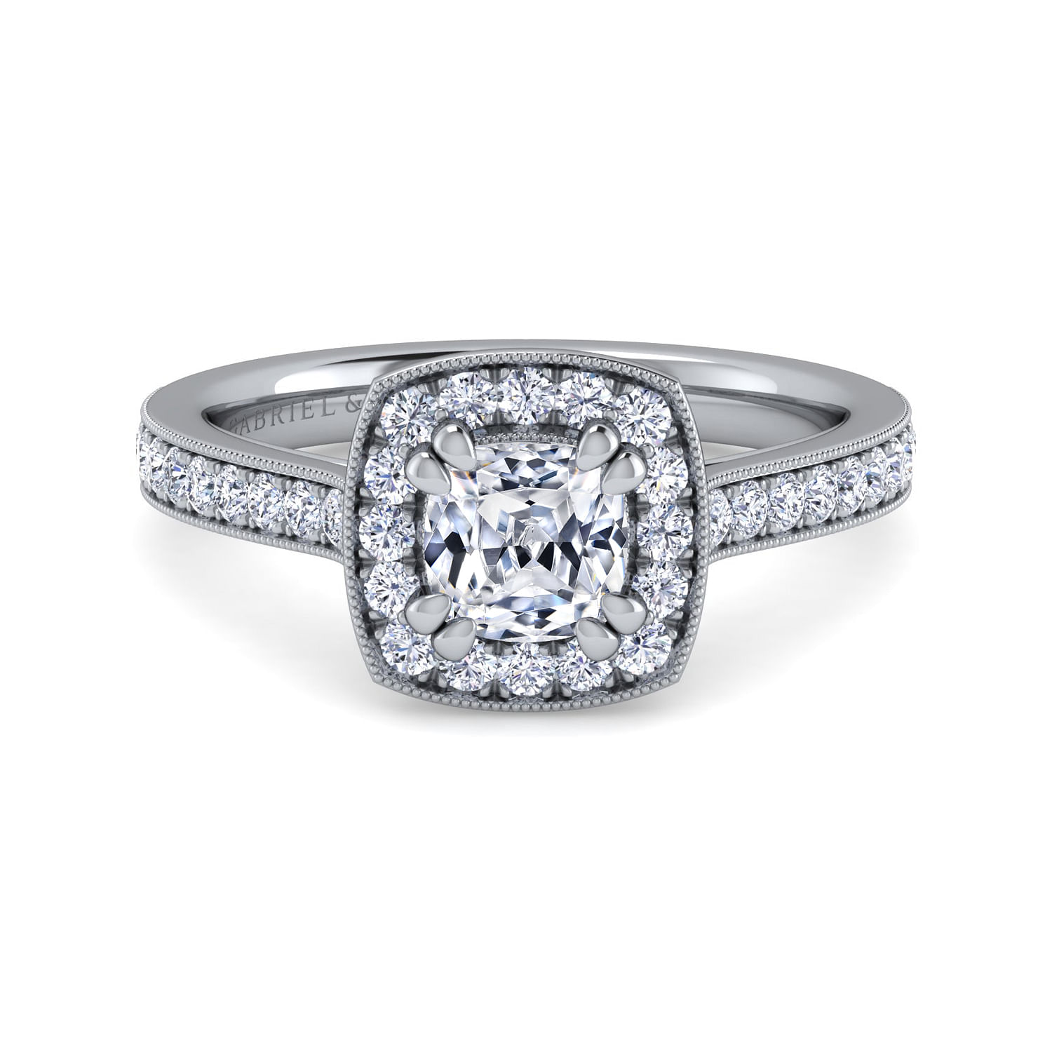 Corinne - Vintage Inspired 14K White Gold Cushion Halo Diamond Engagement Ring