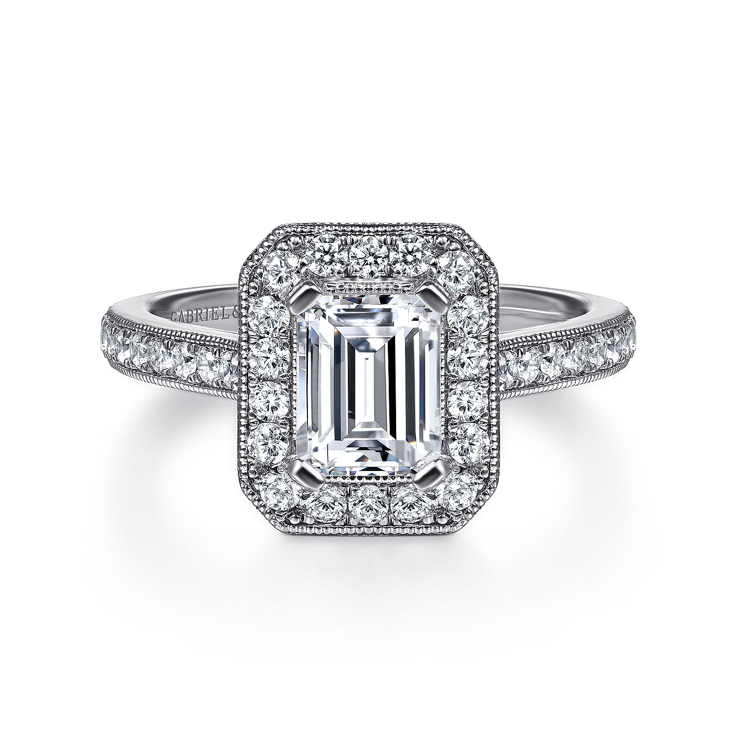 Corinne - Vintage Inspired 14K White Gold Emerald Halo Diamond Engagement Ring